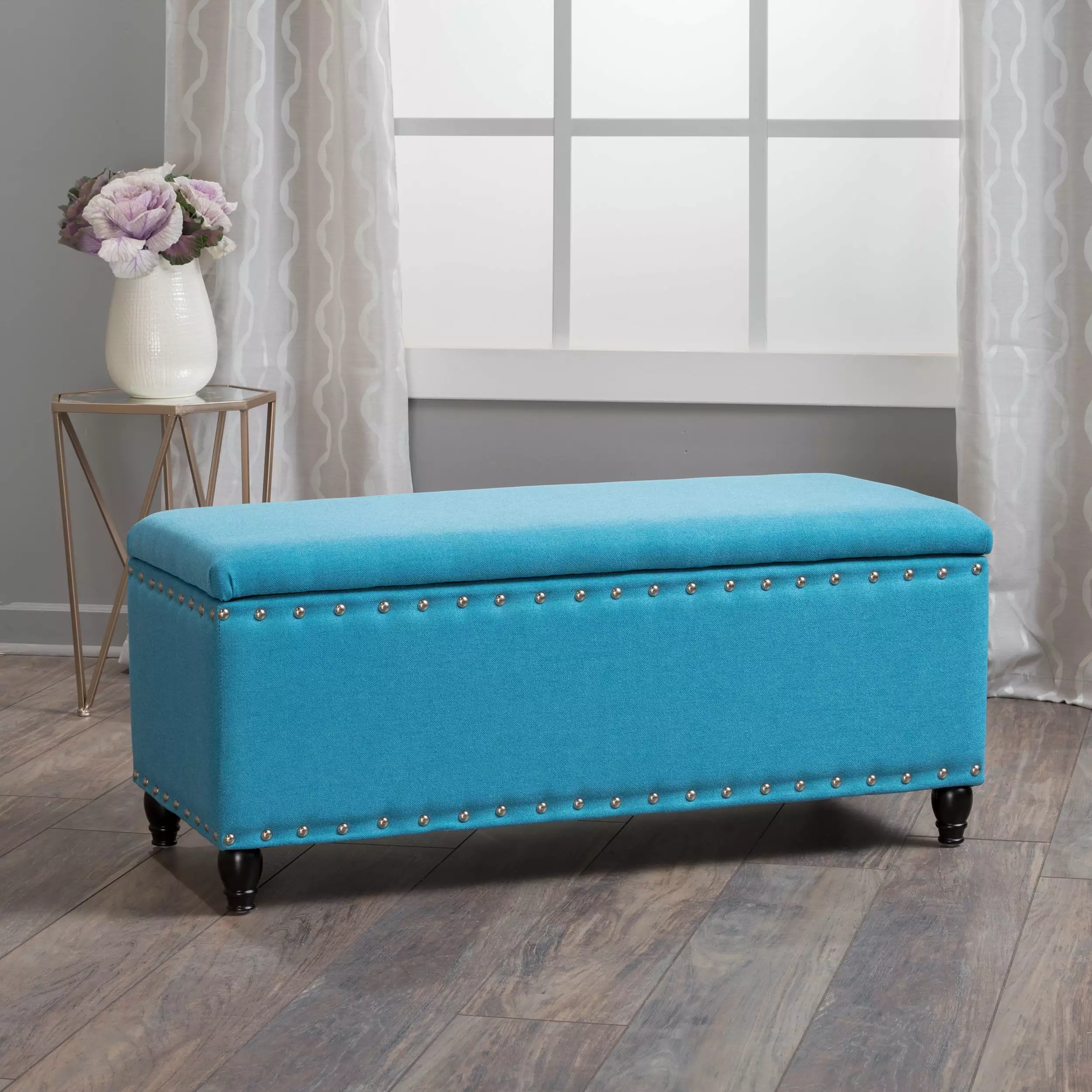 Noble House Jonathan Teal Fabric Storage Ottoman - Lift Top Footrest Living Room Ottomans