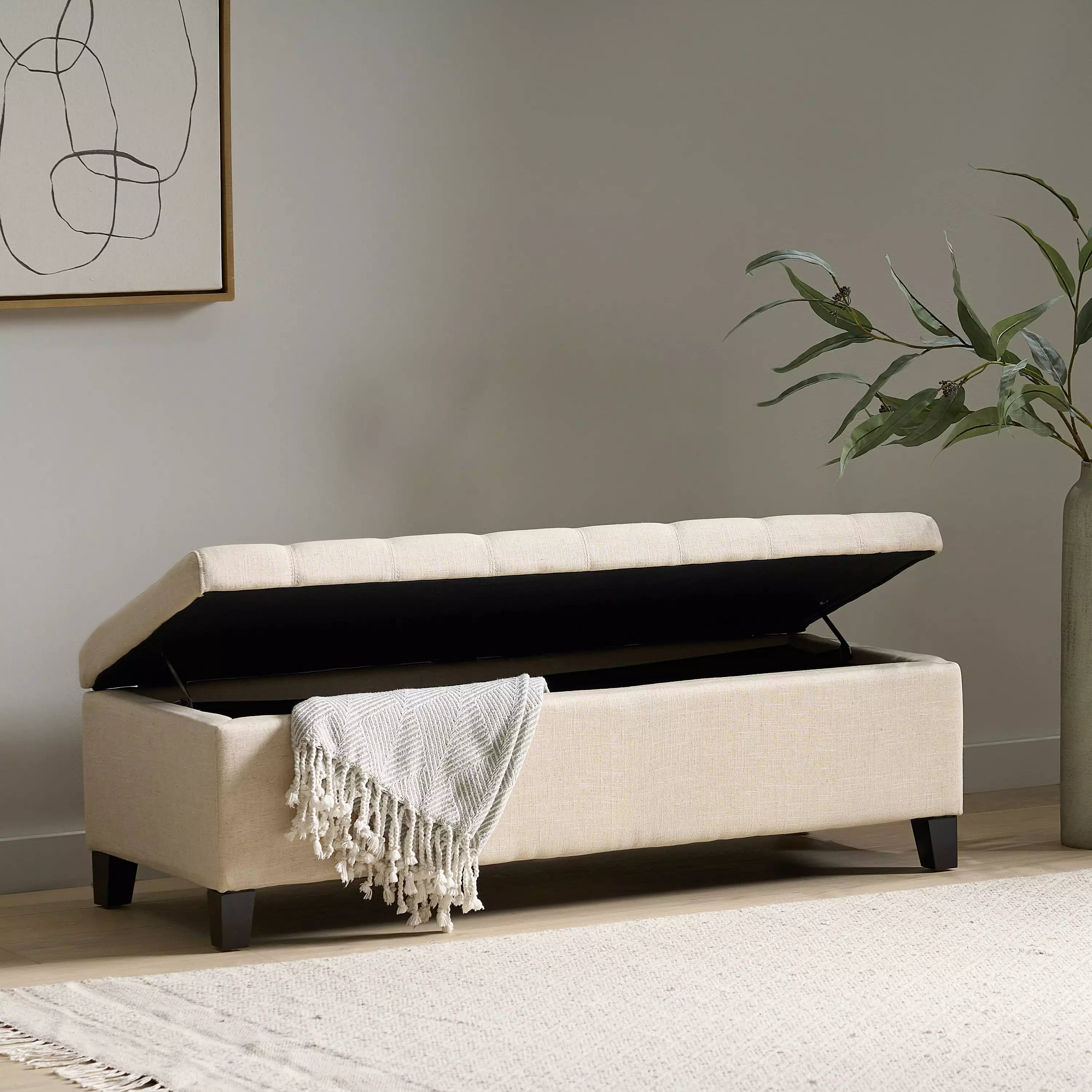 Noble House Meadow Beige Tufted Fabric Storage Ottoman Bench - Comfortable and Stylish Ottomans