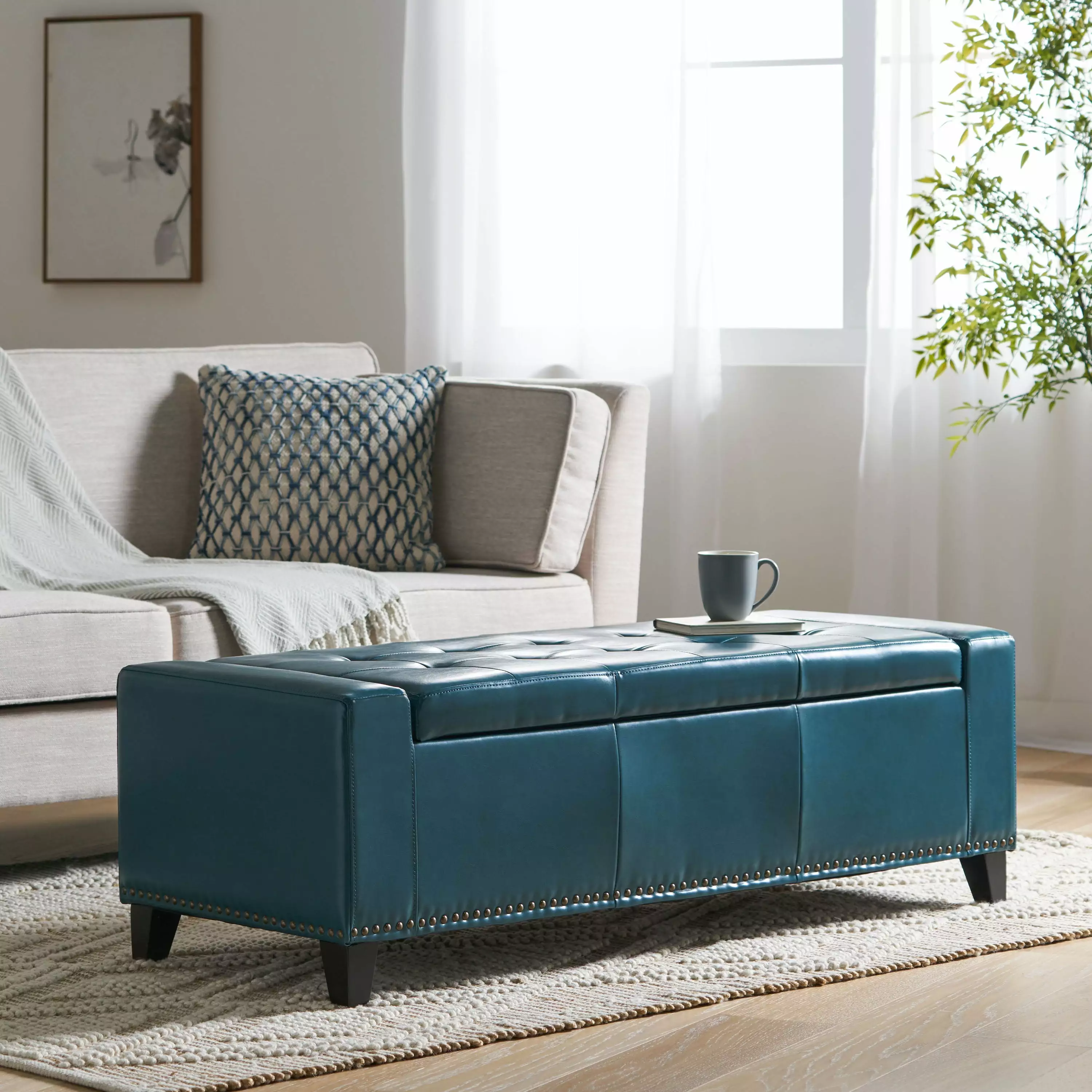 Noble House Raymond Teal Faux Leather Storage Ottoman - Modern Living Room Furniture Ottomans