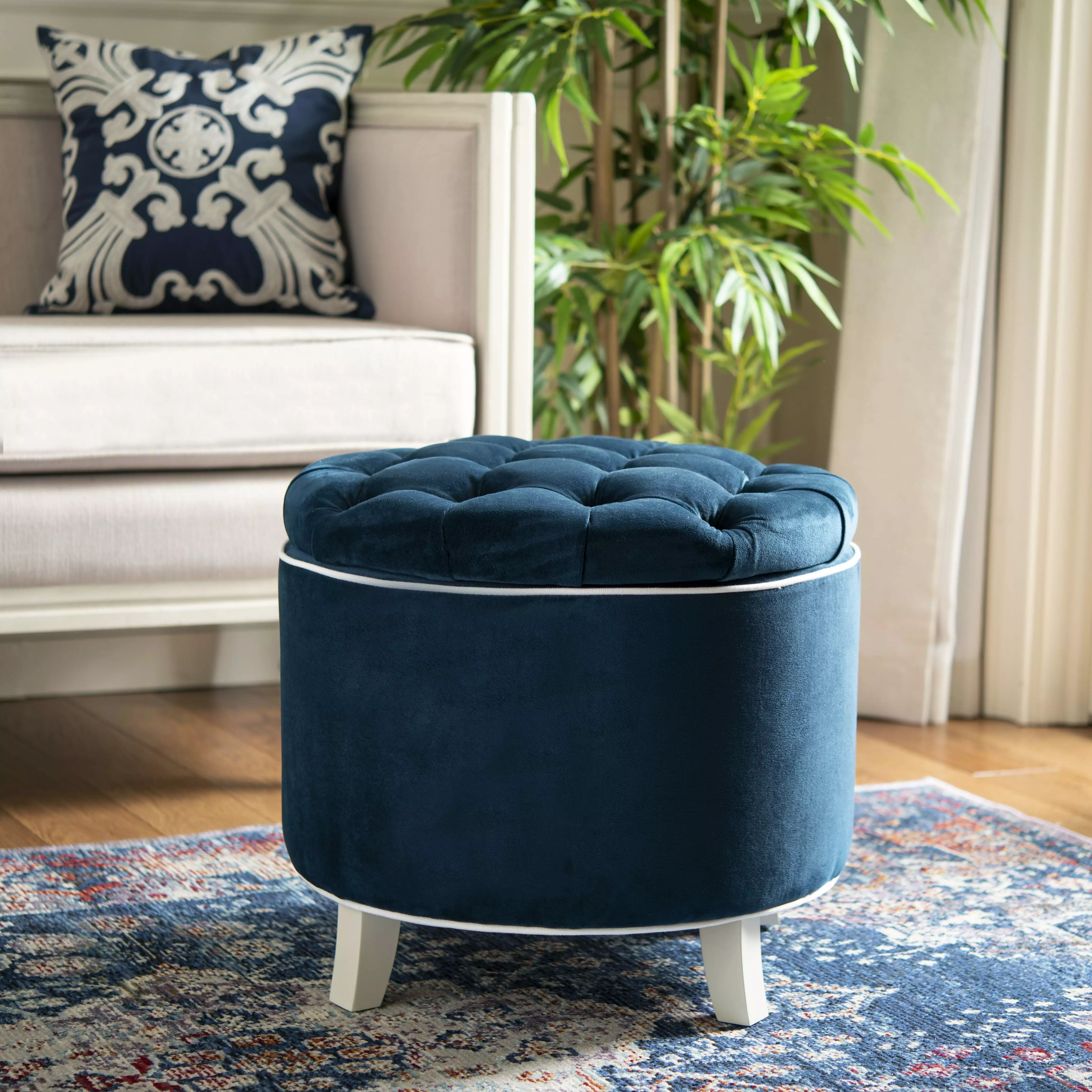 SAFAVIEH Amelia Contemporary Glam Tufted Storage Ottoman Navy - Elegant Living Room Piece Ottomans
