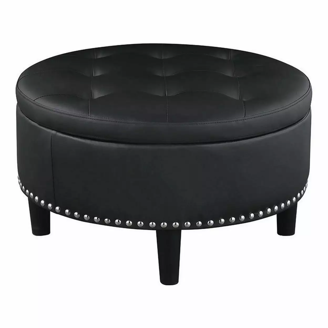 30 Inch Round Storage Ottoman Black Vegan Faux Leather Button Tufted Design Ottomans Saltoro Sherpi