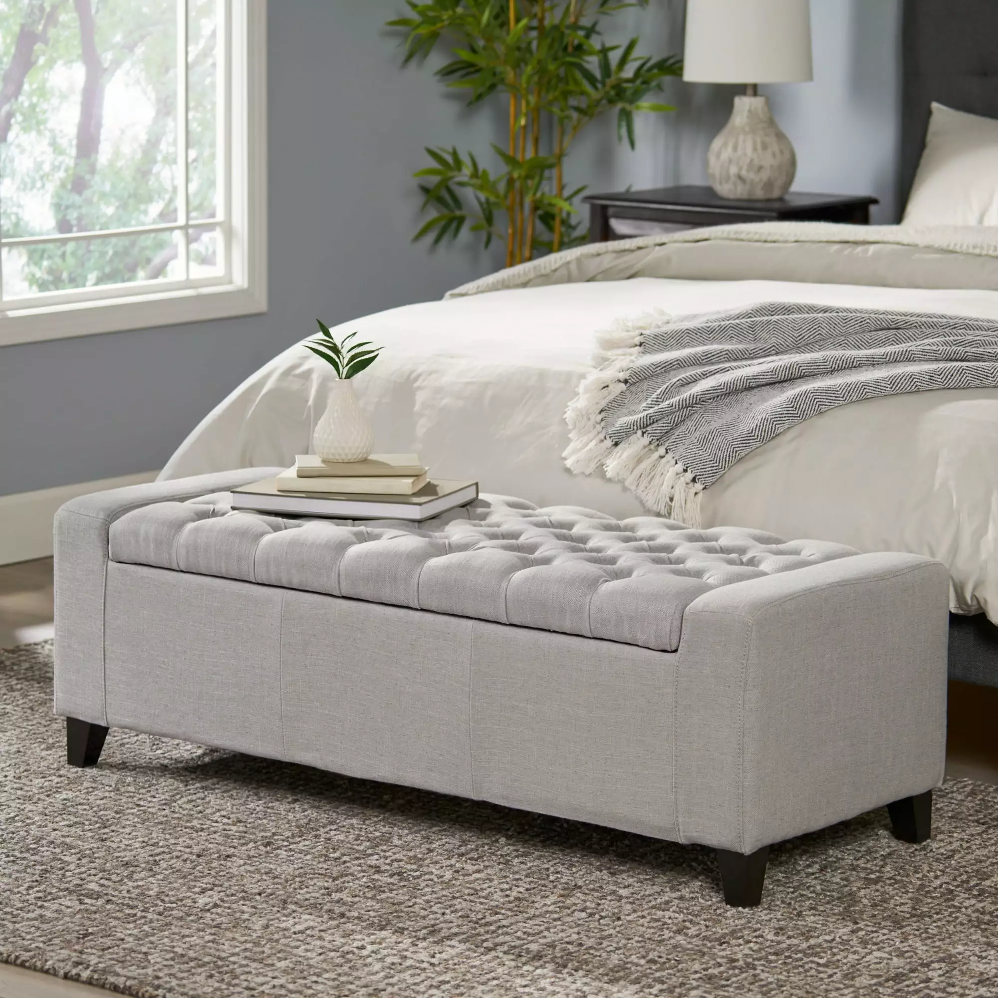 Home Guernsey Fabric Storage Ottoman Tufted Lid and Thick Legs Light Grey Ottomans SEALODY