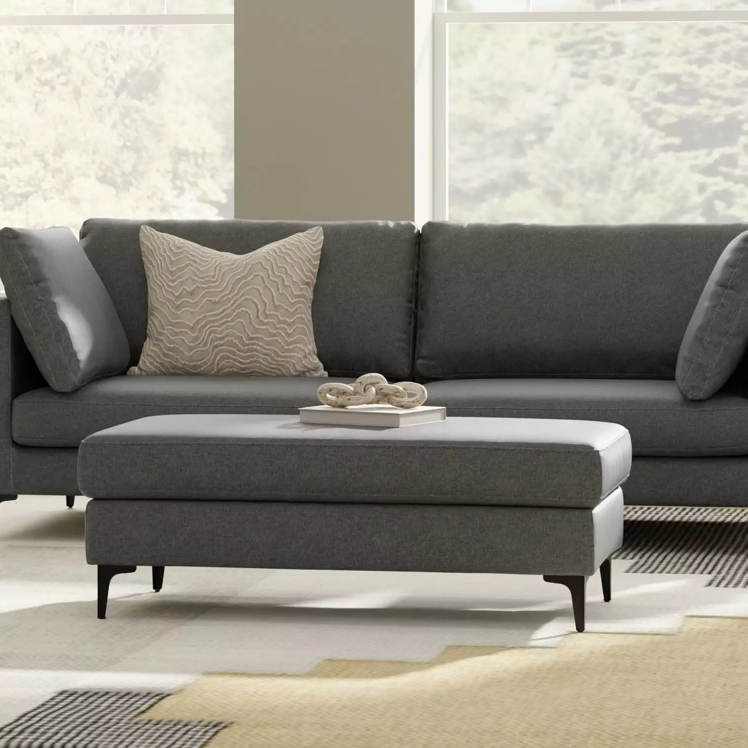 Simpli Home Ava Large Rectangular Ottoman Tightly Woven Performance Fabric - Durable Living Room Bench Ottomans