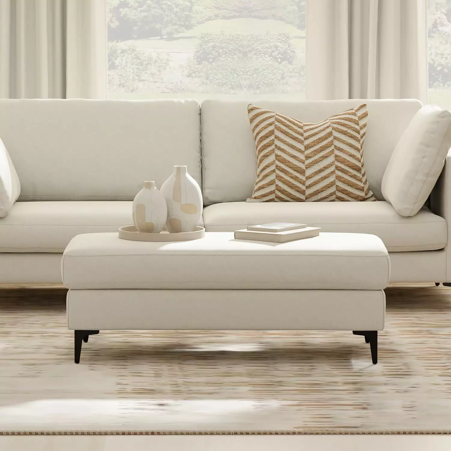 Simpli Home Ava Large Rectangular Ottoman Tightly Woven Performance Fabric - Durable Living Room Bench Ottomans