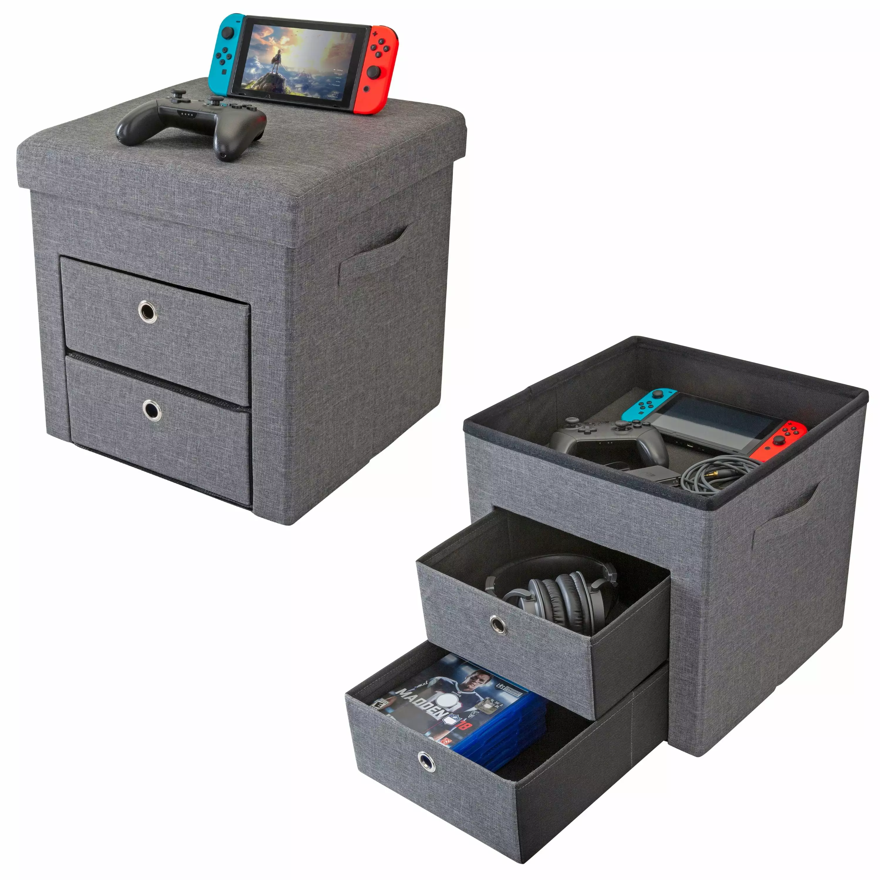 Simplify 2 Drawer Gray Faux Linen Collapsible Storage Ottoman Living Room Ottomans