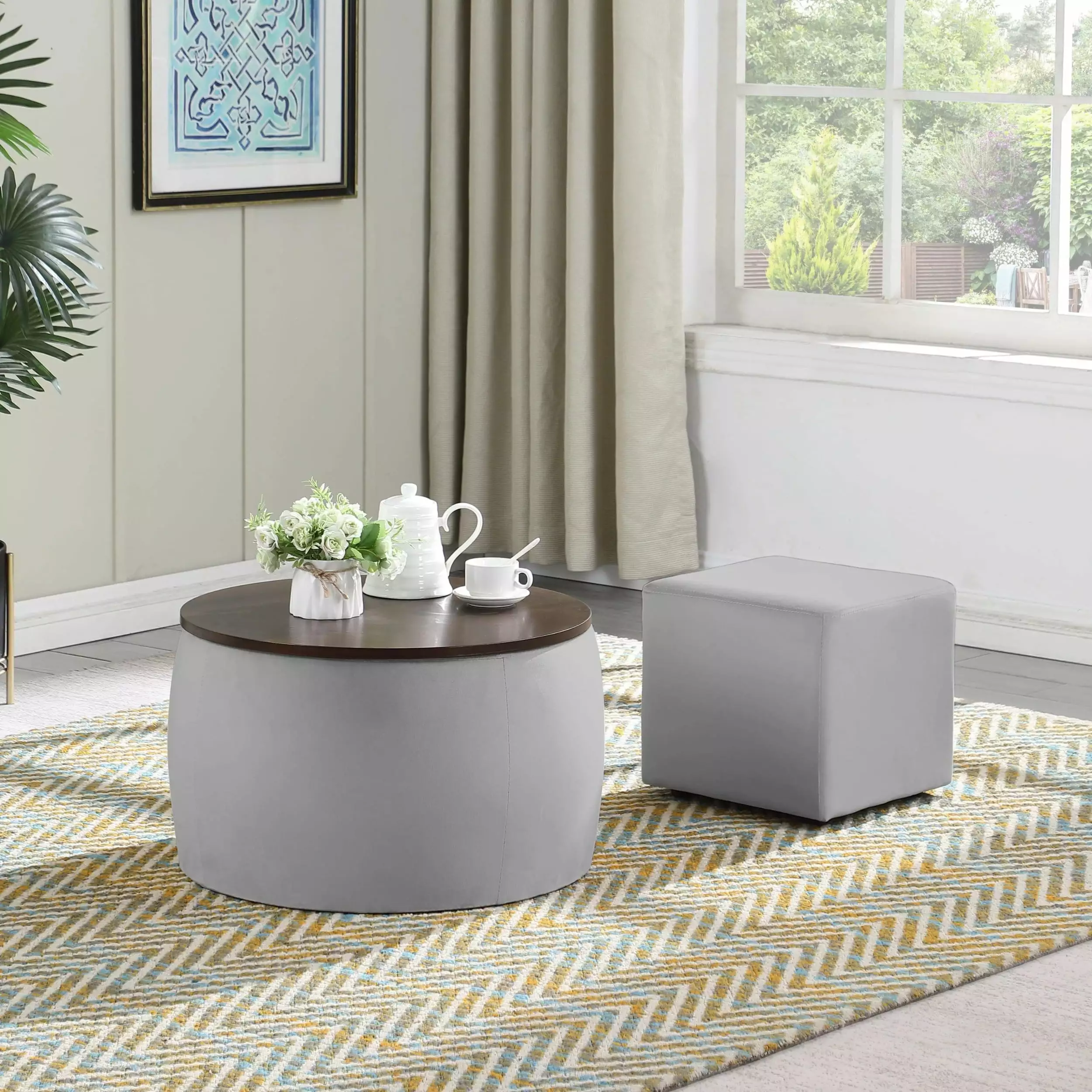 Round Ottoman Set Storage 2 1 Combination Coffee Table and Footstool Living Room Bedroom Office Ottomans unknown