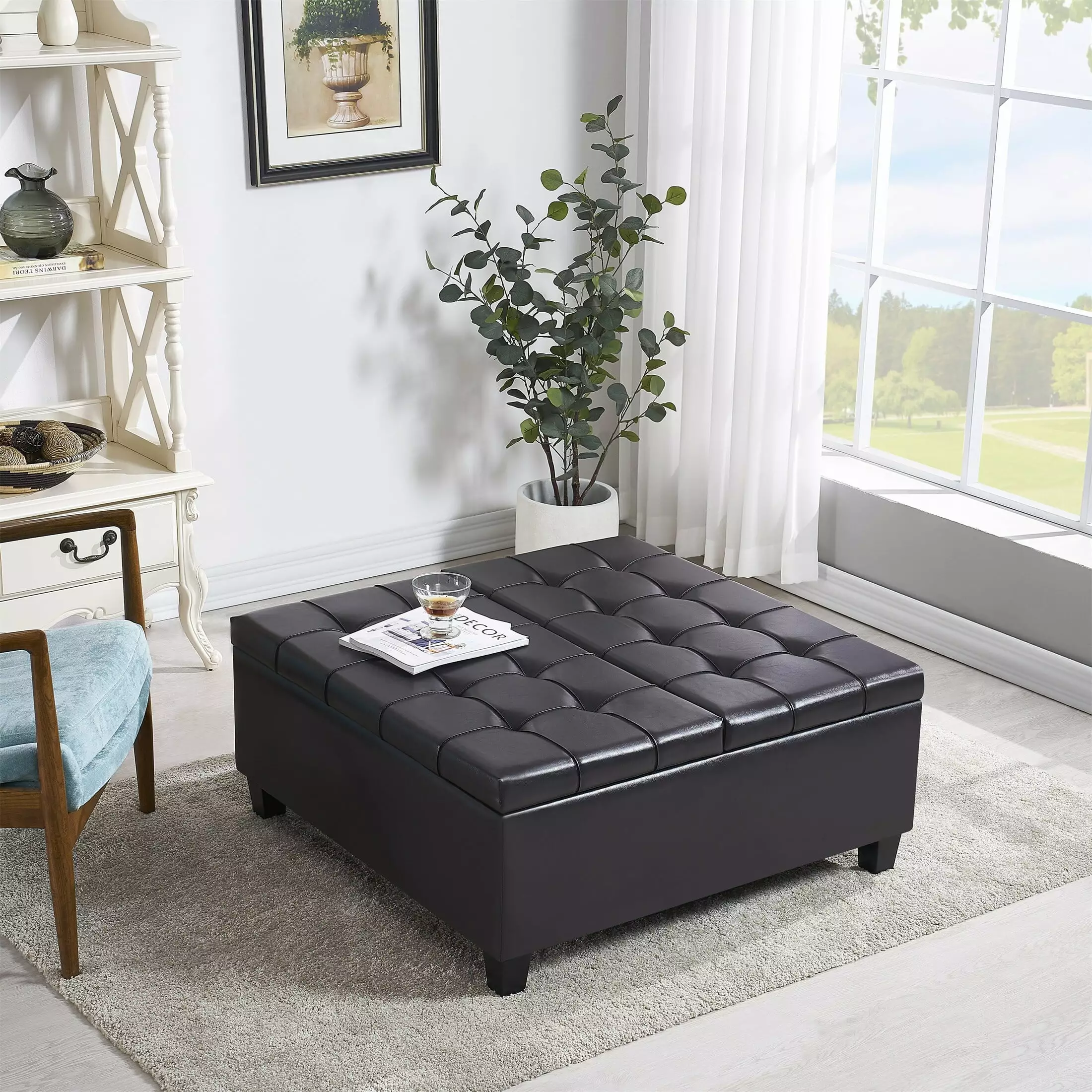 YJTONWIN Dark Brown Square Faux Leather Storage Ottoman Coffee Table Ottomans
