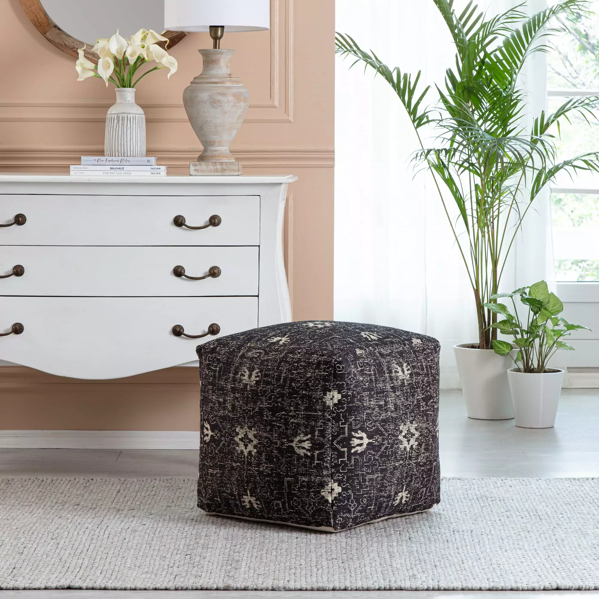 Anji Mountain Black Jacquard Woven Polyester Square Poufs - Modern Accent Footrest
