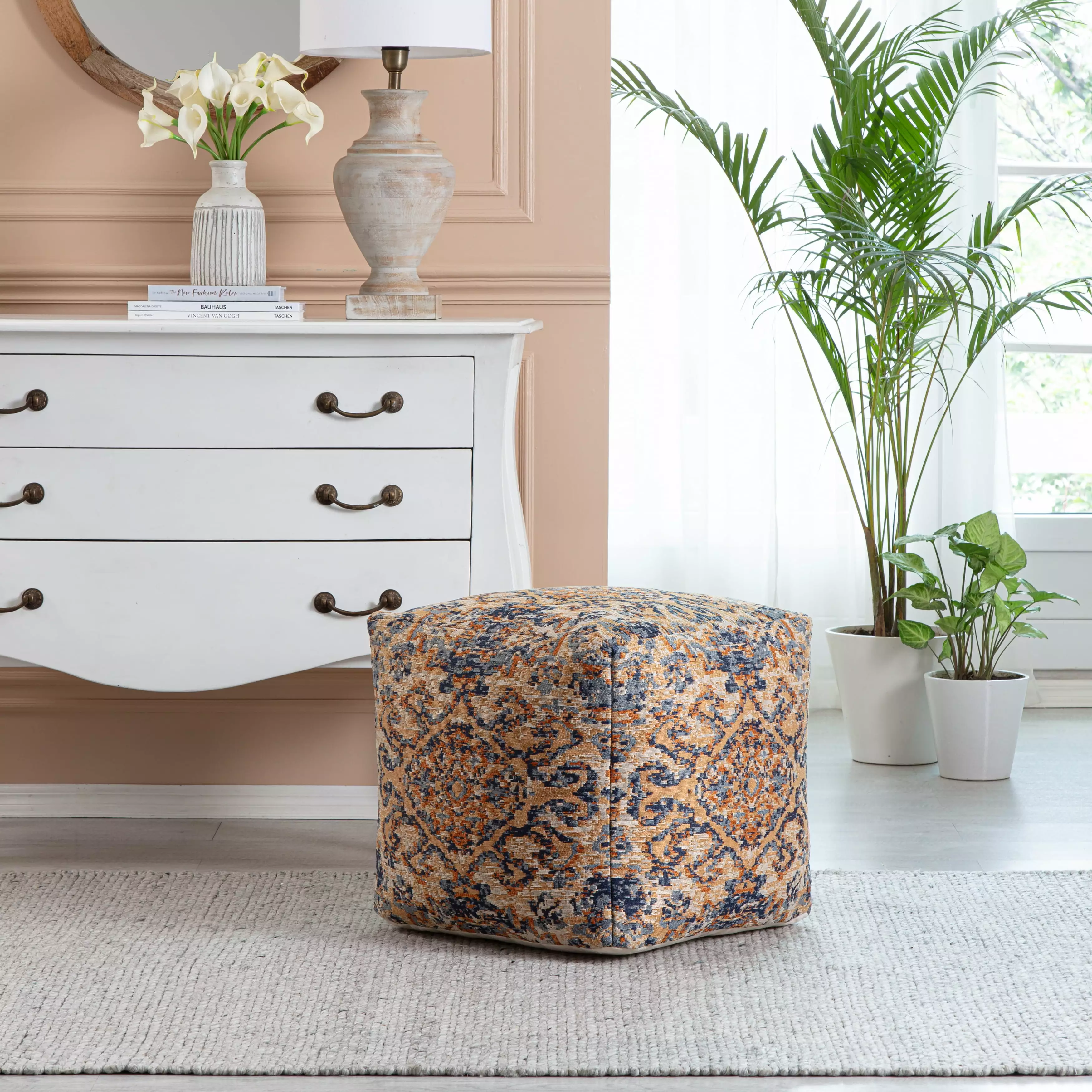 Anji Mountain Blue Jacquard Woven Polyester Square Poufs - Contemporary Living Room Accent