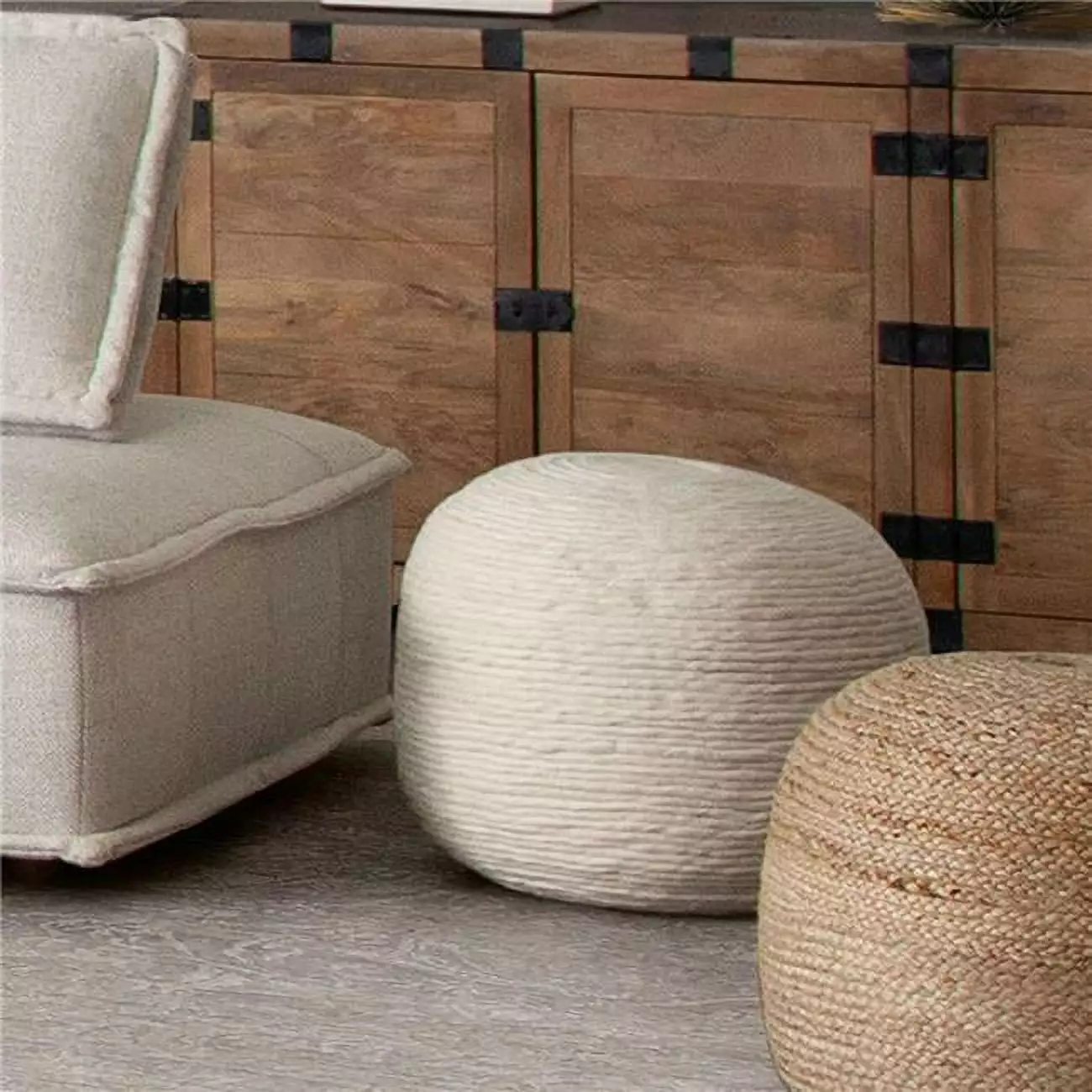 Round White Dyed Natural Wool Pouf Diamond Sofa Living Room