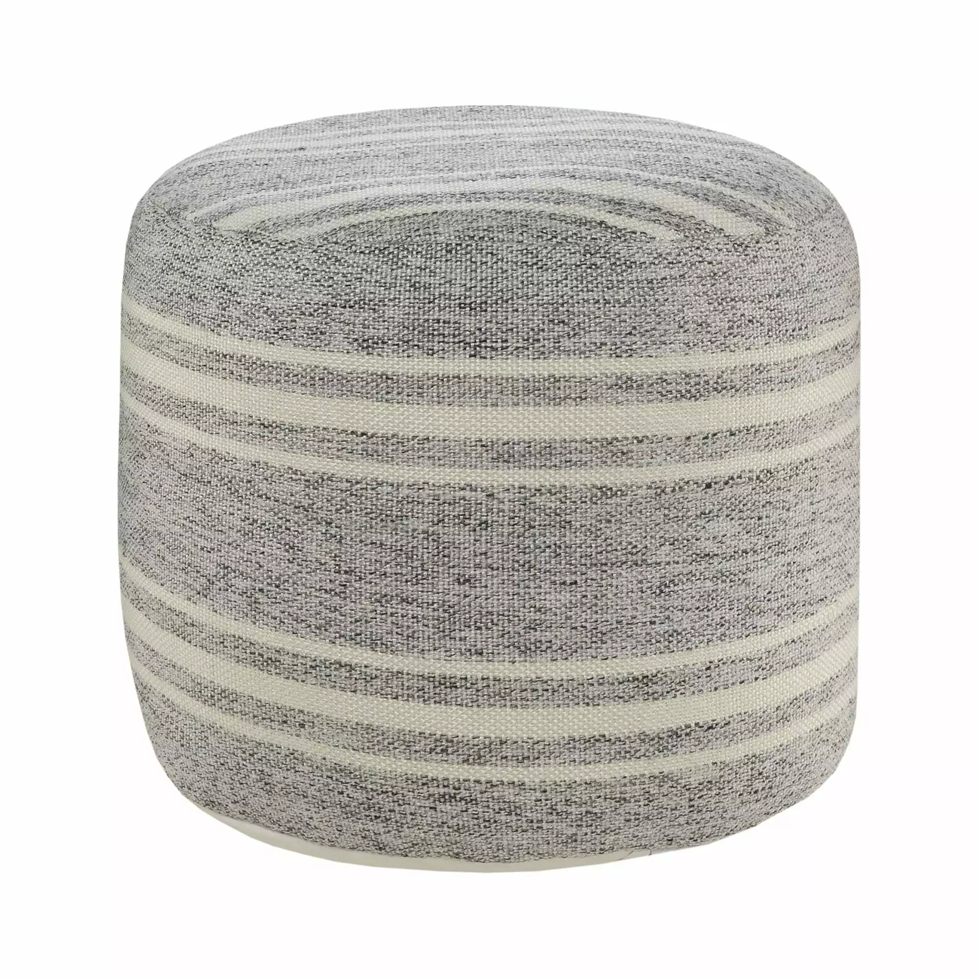 Laddha Home Designs 18 Inch Gray White Triple Striped Round Outdoor Patio Pouf Ottoman