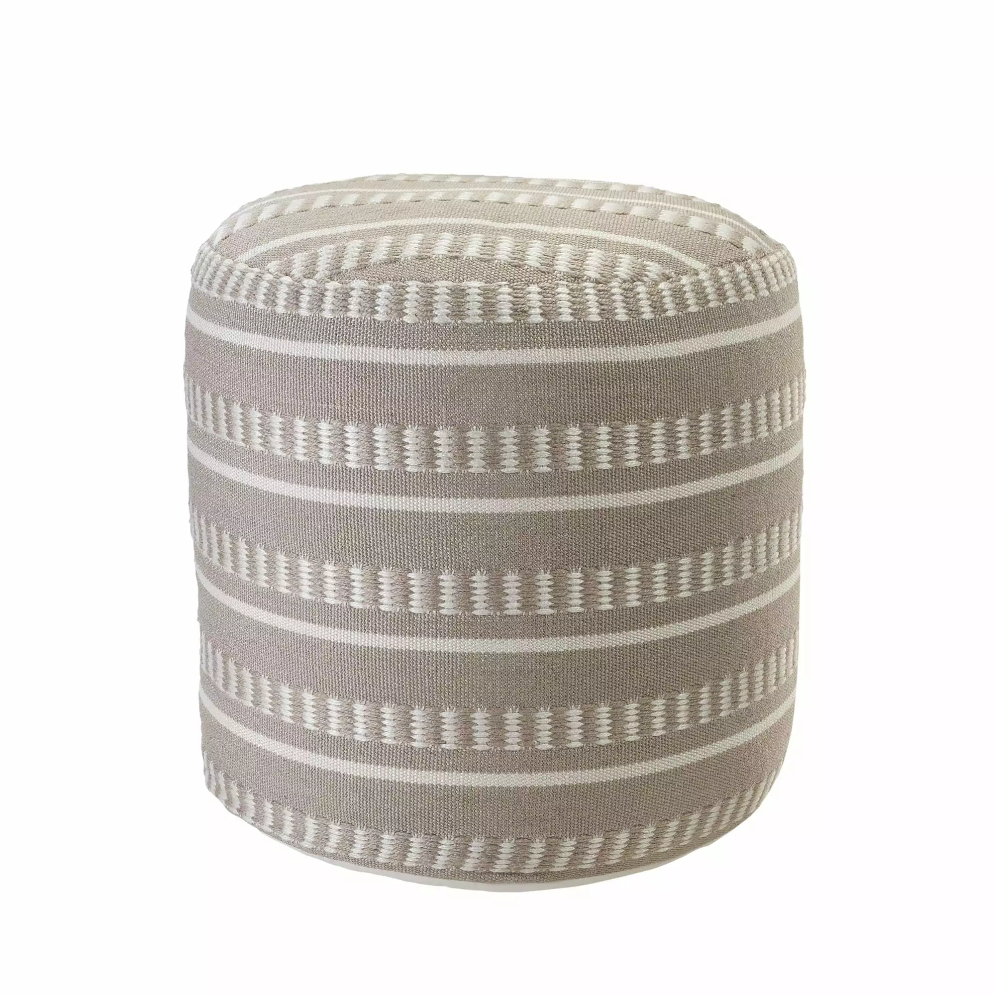 Laddha Home Designs 20 Inch Taupe White Striped Round Outdoor Patio Pouf Ottoman