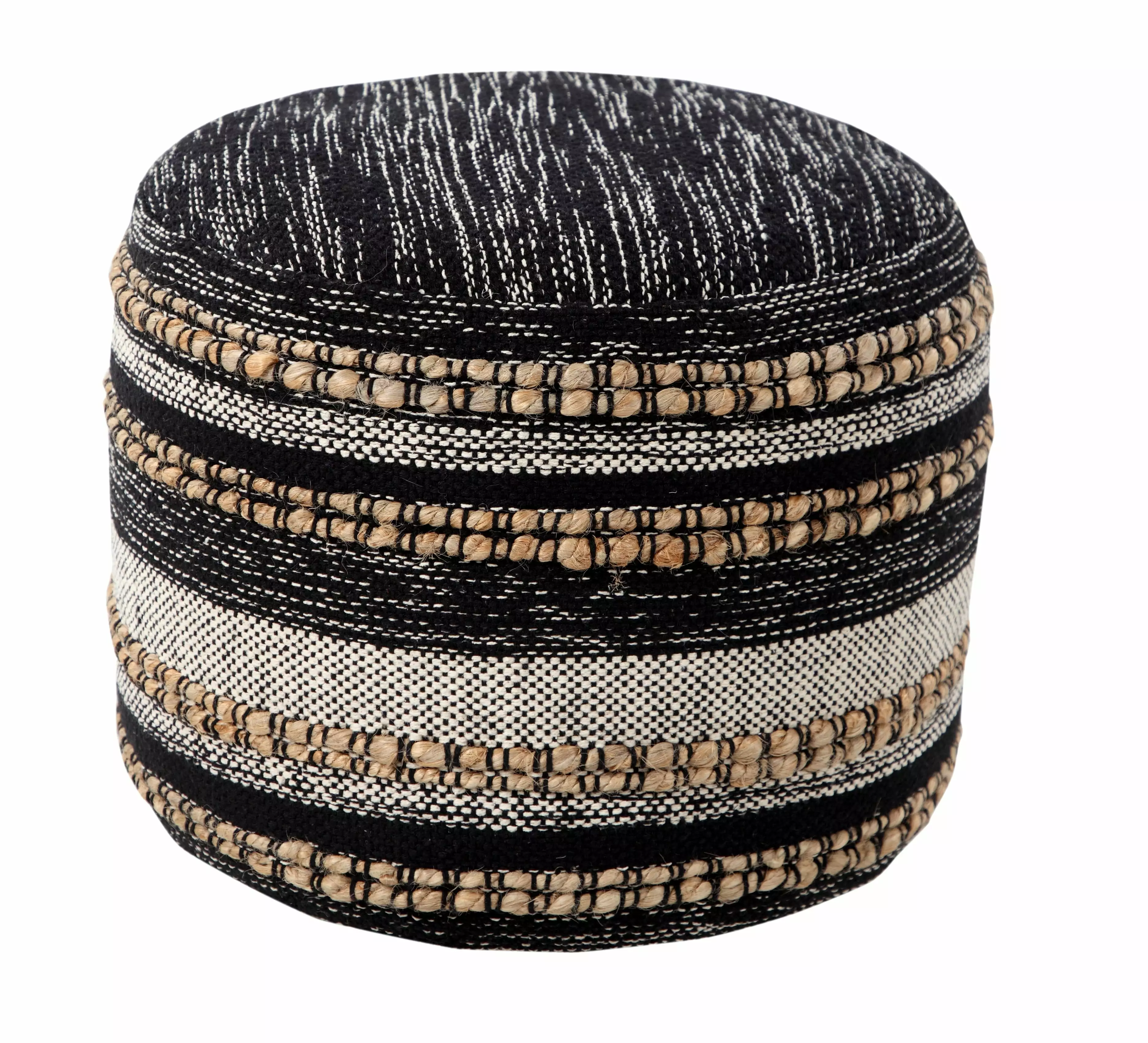 LR Home Small Braided Striped Indoor Round Pouf Black White 18 x 18 x 14