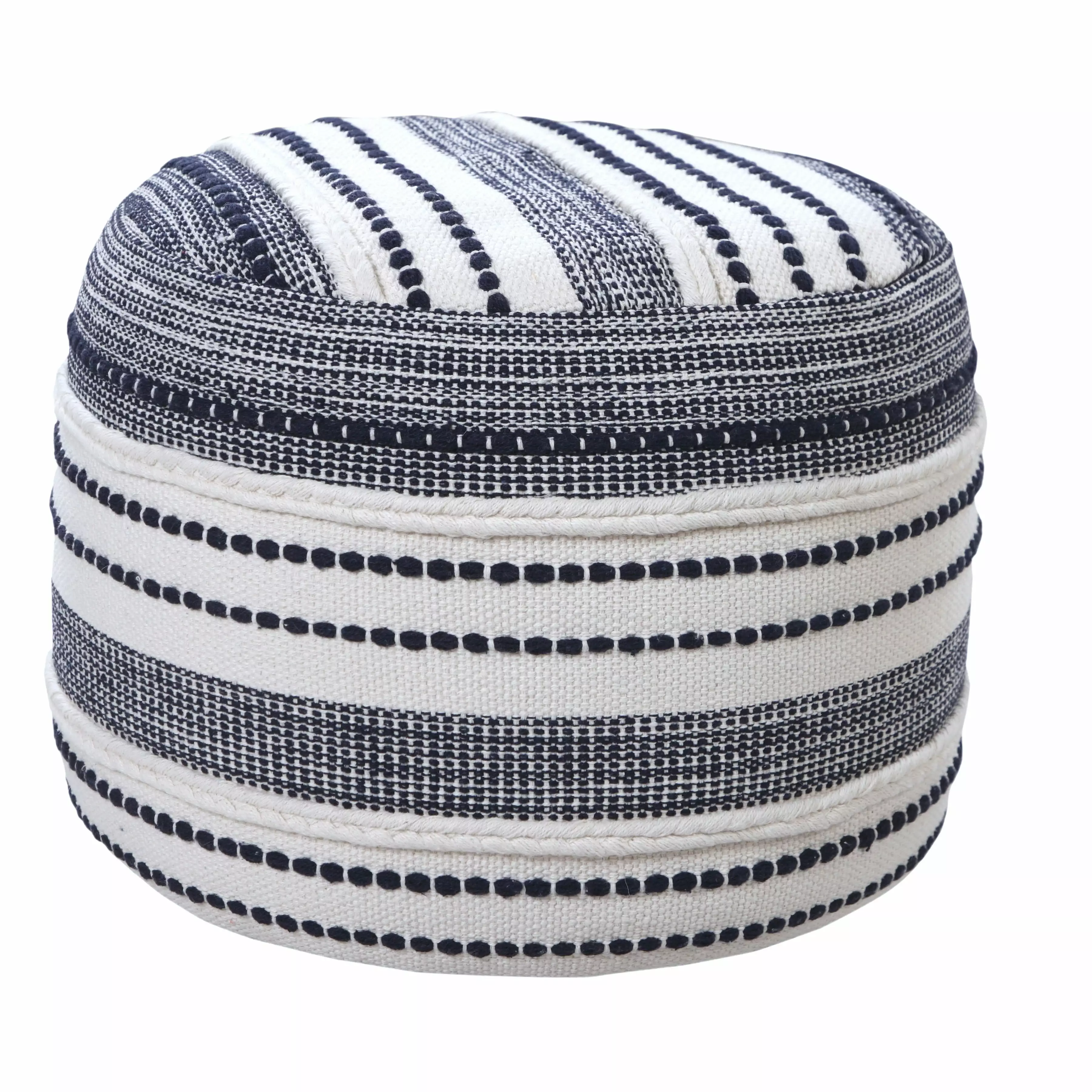 LR Home Small Braided Striped Indoor Round Pouf Navy Ivory 18 x 18 x 14