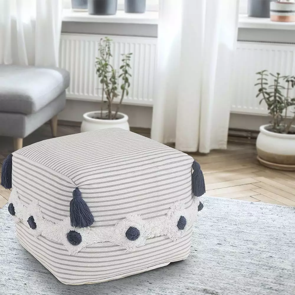 LR Home Small Over-tufted Striped Indoor Square Pouf Gray/Ivory - 18 Inch Footrest