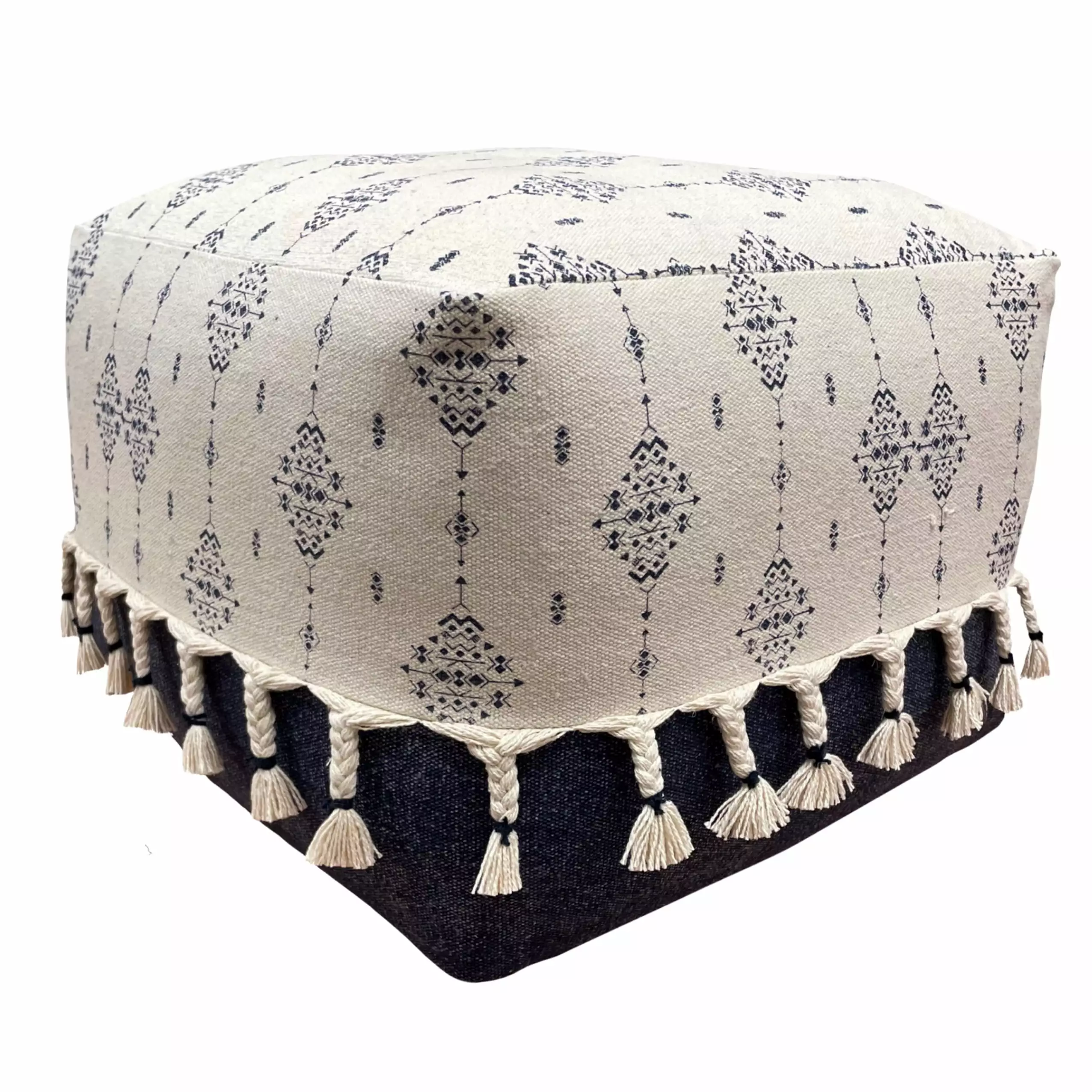 LR Home Small Tassels Tribal Indoor Square Pouf Navy Ivory 18 x 18 x 14