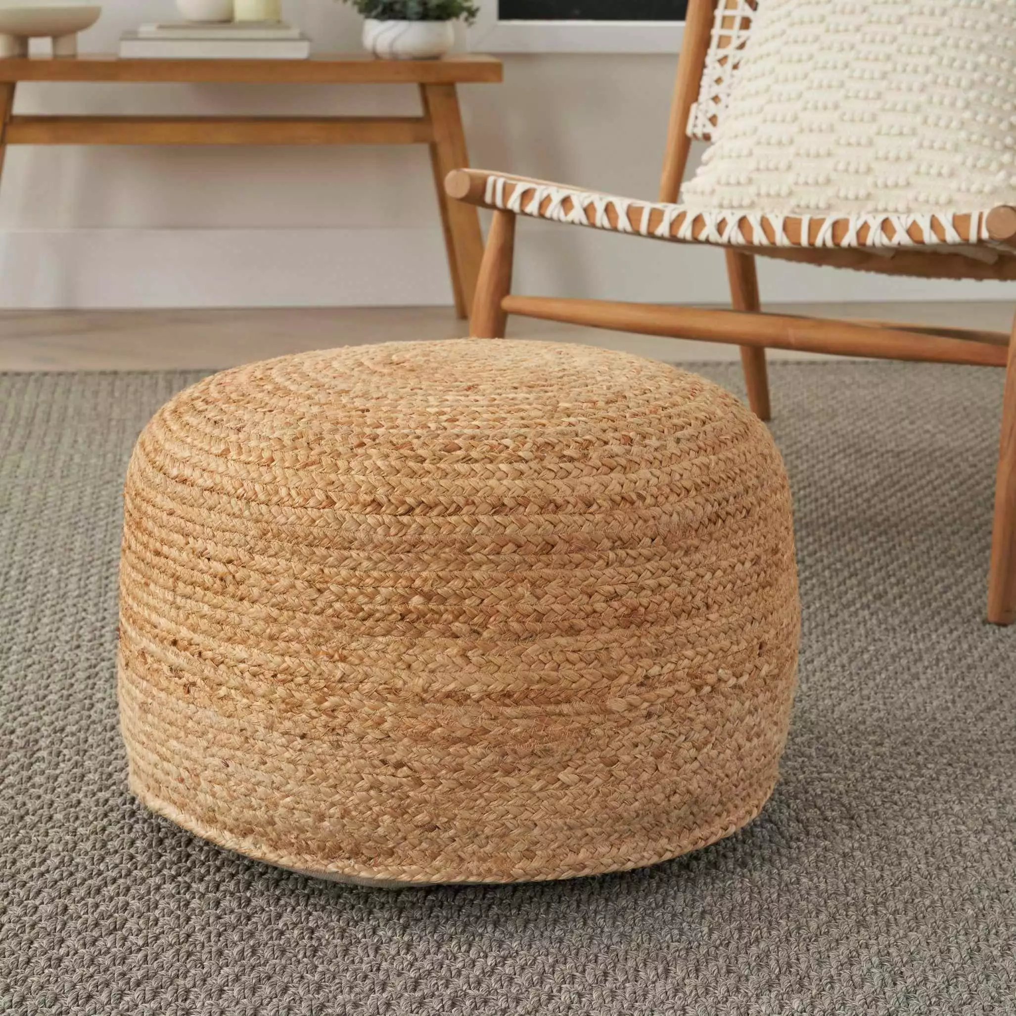 Mina Victory Jute Pouf - Rustic Handwoven Boho Footstool Living Room or Bedroom