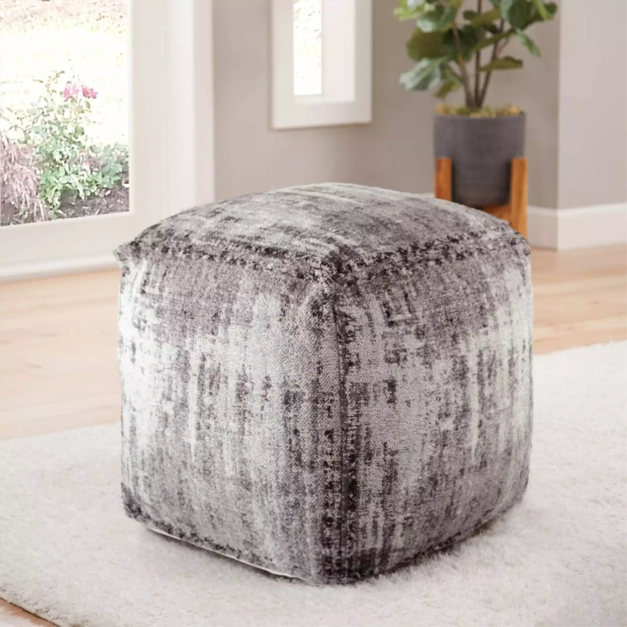 Steve Silver Hazel Gray Polyester Fabric Blend Square Pouf Modern Living Room Footrest