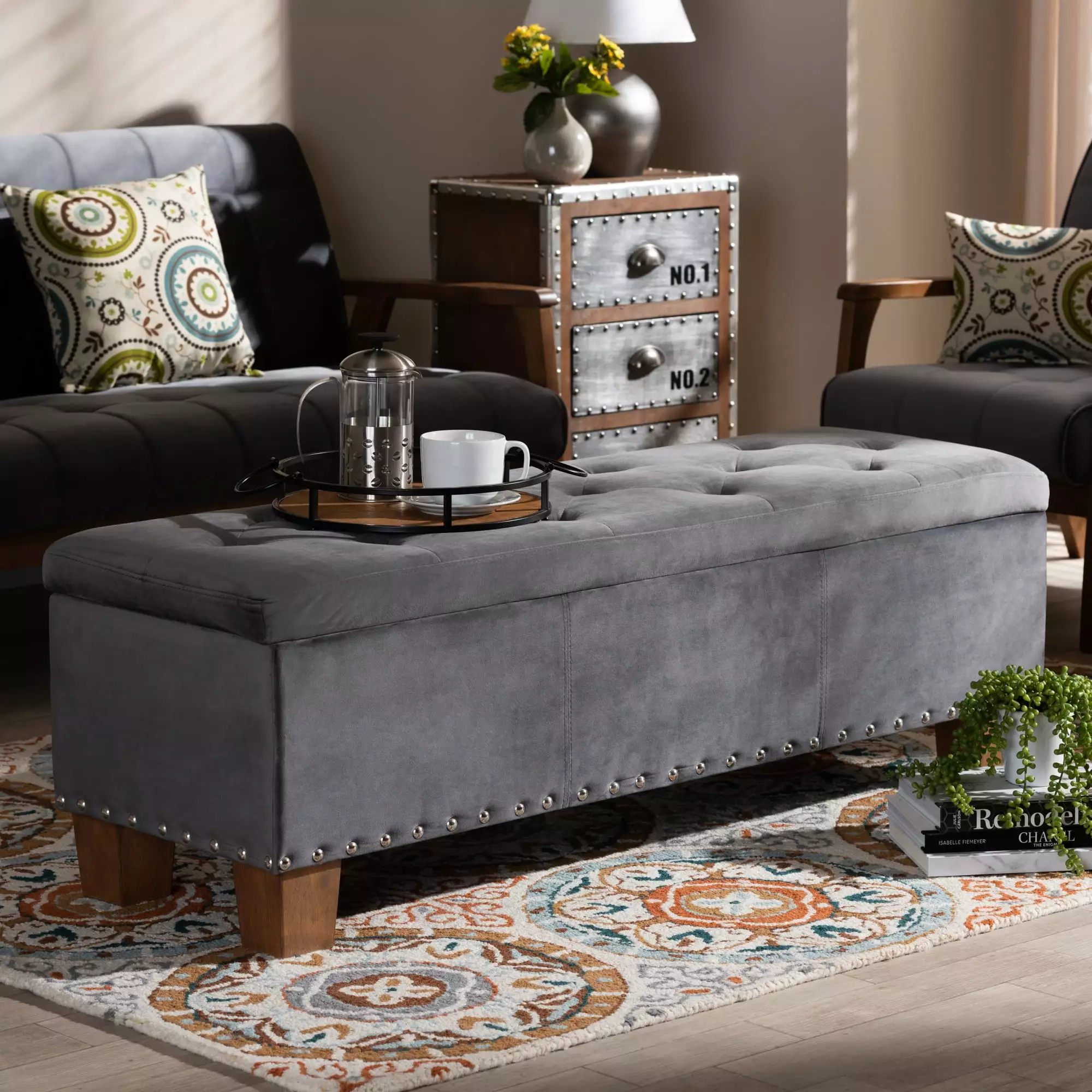 Baxton Studio Hannah Modern Grey Velvet Fabric Upholstered Button-Tufted Storage Ottoman Bench - Contemporary Design Ottomans