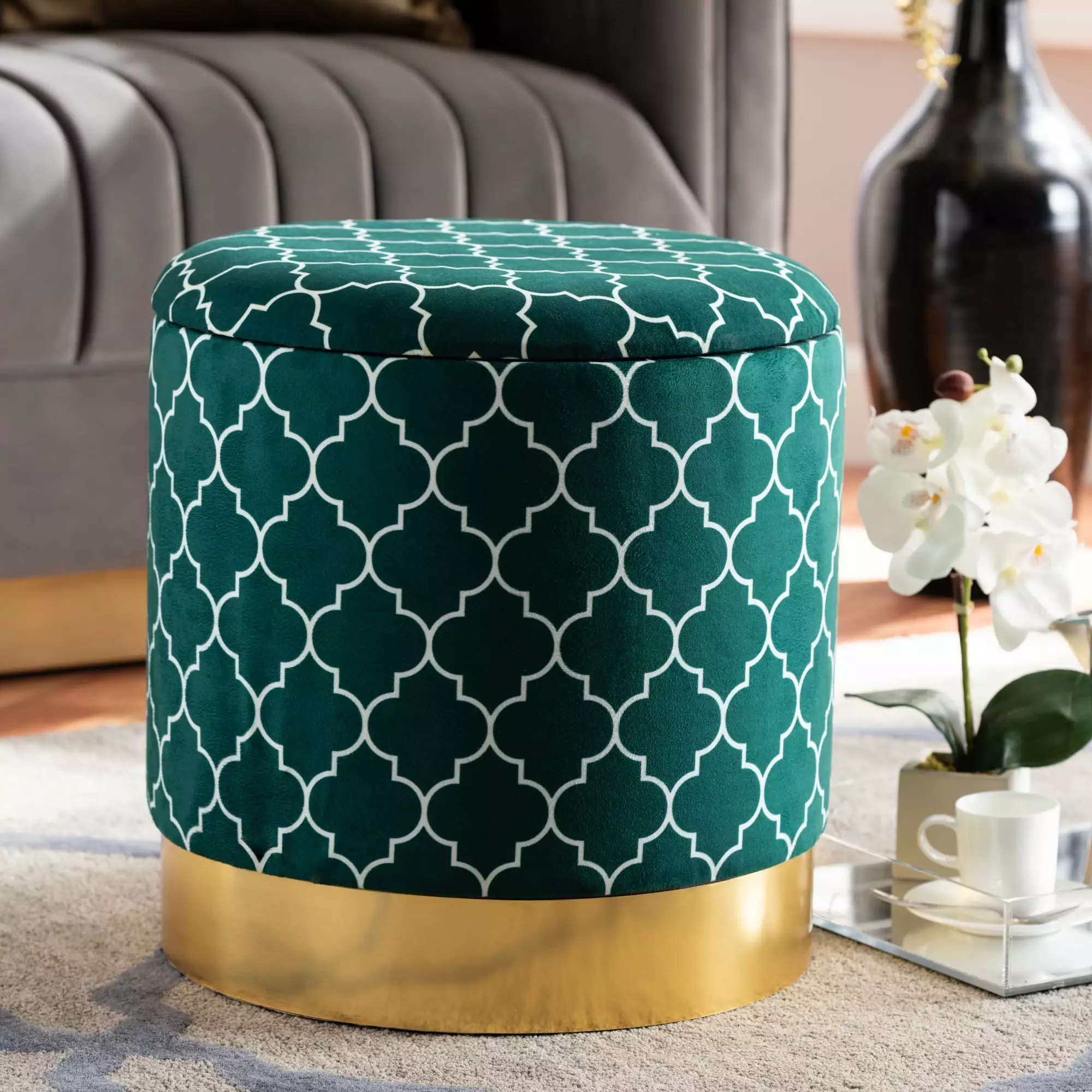 Baxton Studio Serra Glam Teal Green Quatrefoil Velvet Fabric Upholstered Gold Metal Storage Ottoman Ottomans