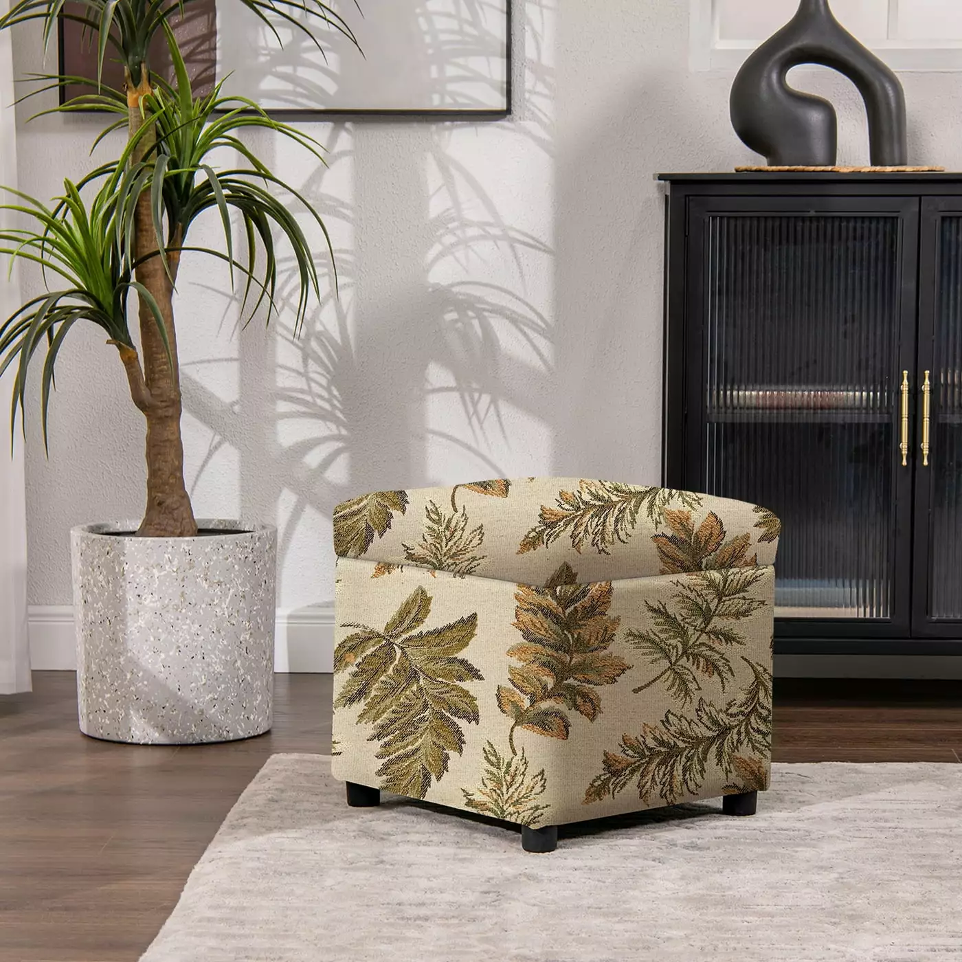 Jennifer Taylor Home Jacob 18 Inch Storage Cube Ottoman Tan Floral Jacquard Ottomans JENNIFER TAYLOR J T