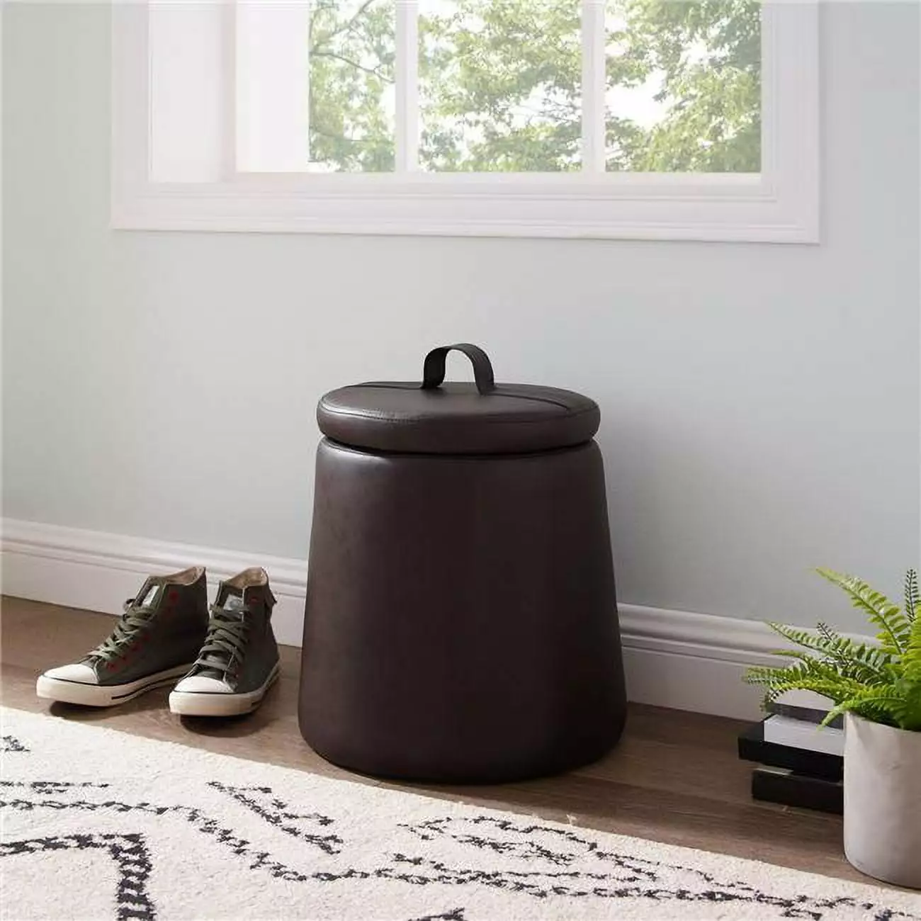 Linon Home Decor Patric 16 x 15 x 15 Inch Faux Leather Storage Ottoman Brown Ottomans