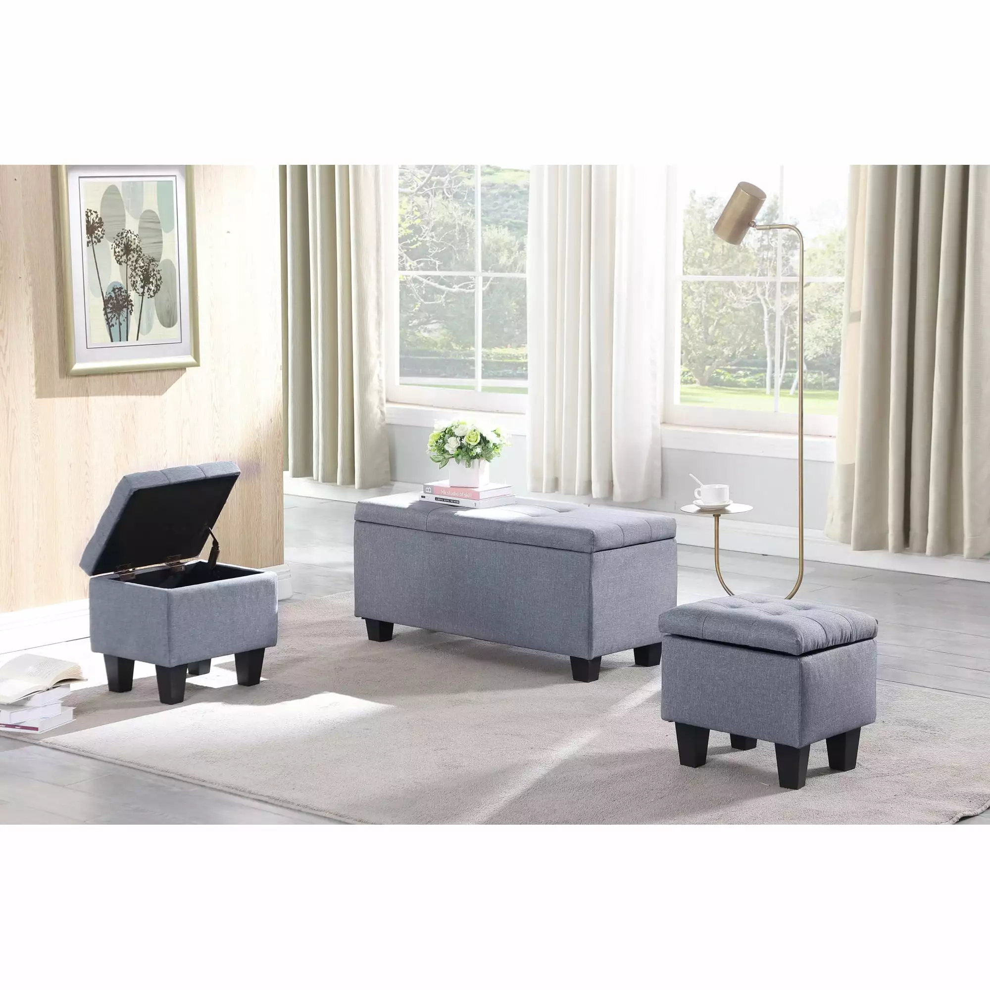 Large Storage Ottoman Bench Set - 3 1 Tufted Linen Bench Living Room, Entryway, or Bedroom - Supports 250lbs Ottomans Miekor