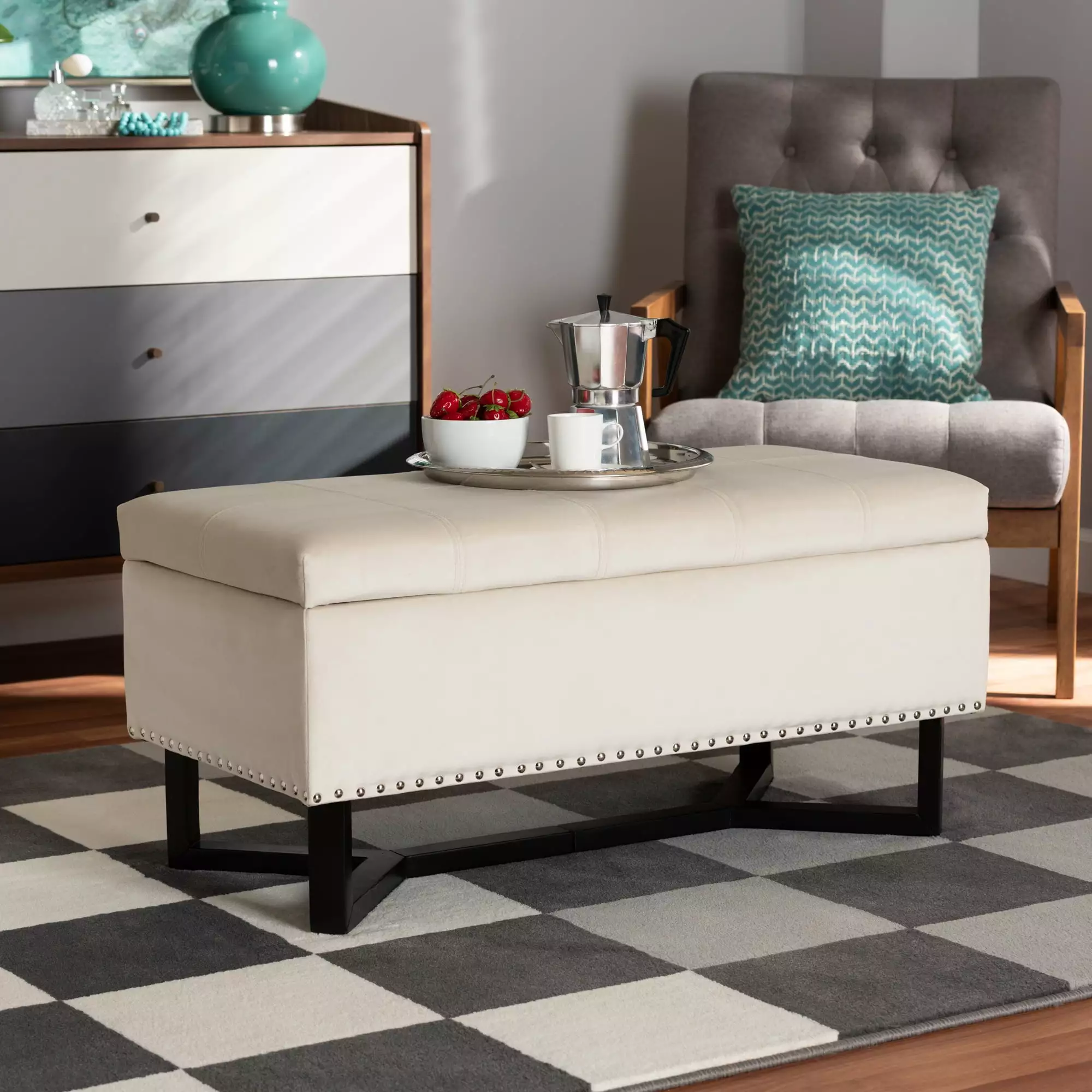 Baxton Studio Esther Modern Beige Velvet Fabric Upholstered Dark Brown Wood Storage Ottoman Ottomans
