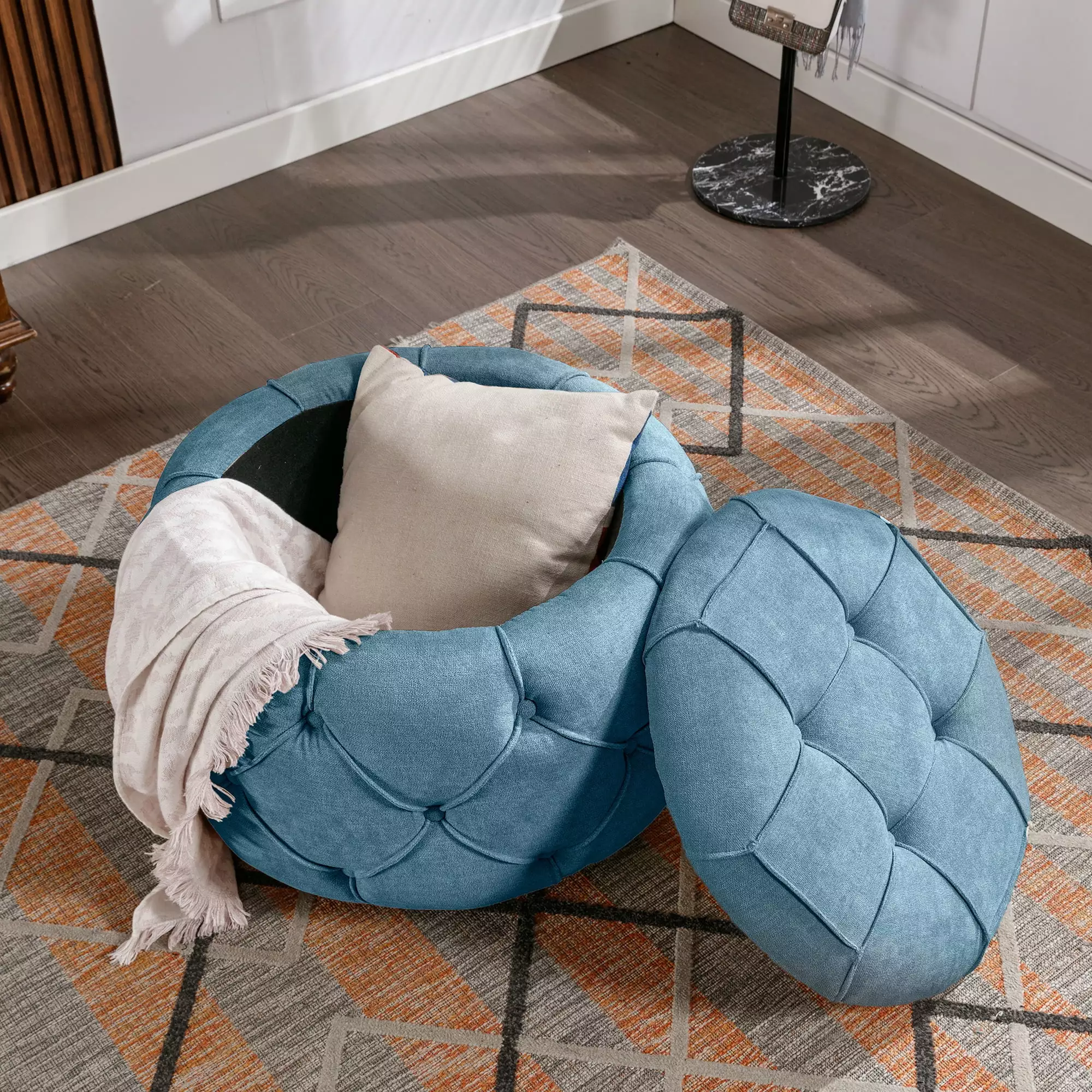 CoSoTower Large Button Tufted Woven Round Storage Ottoman Burlap Blue Living Room & Bedroom Ottomans