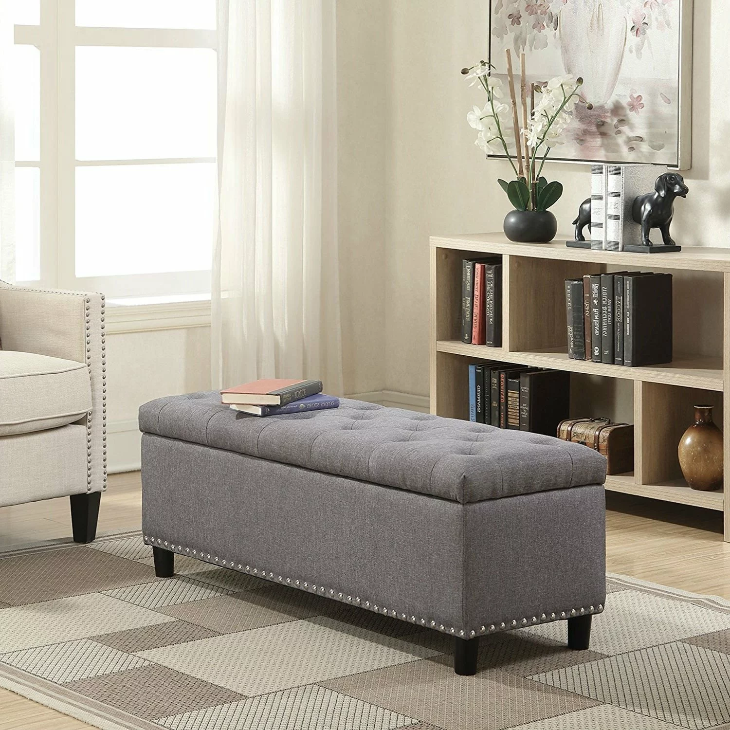 Grey Linen 48-inch Bedroom Storage Ottoman Bench - Footrest and Seating Ottomans Fast Furnishing