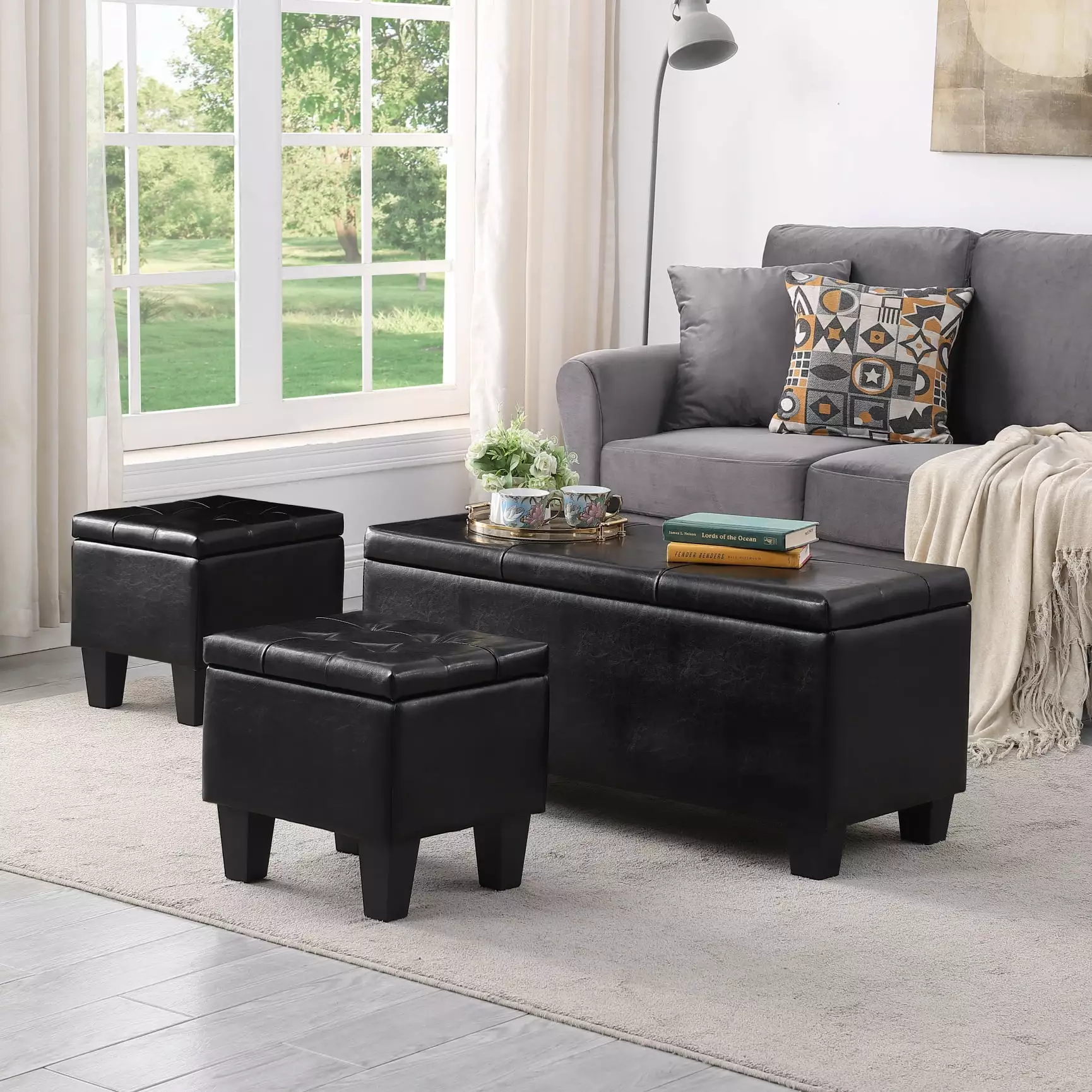 Large Storage Ottoman Bench Set 3 1 Combination Tufted Ottoman Linen Bench Living Room Ottomans JINS & VICO