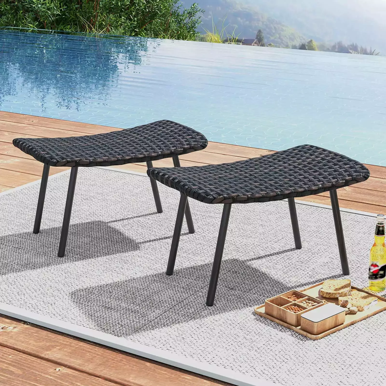 Laicejoy Set 2 Rattan Patio Ottomans Padded Quick Dry Foam and Metal Legs Ottomans