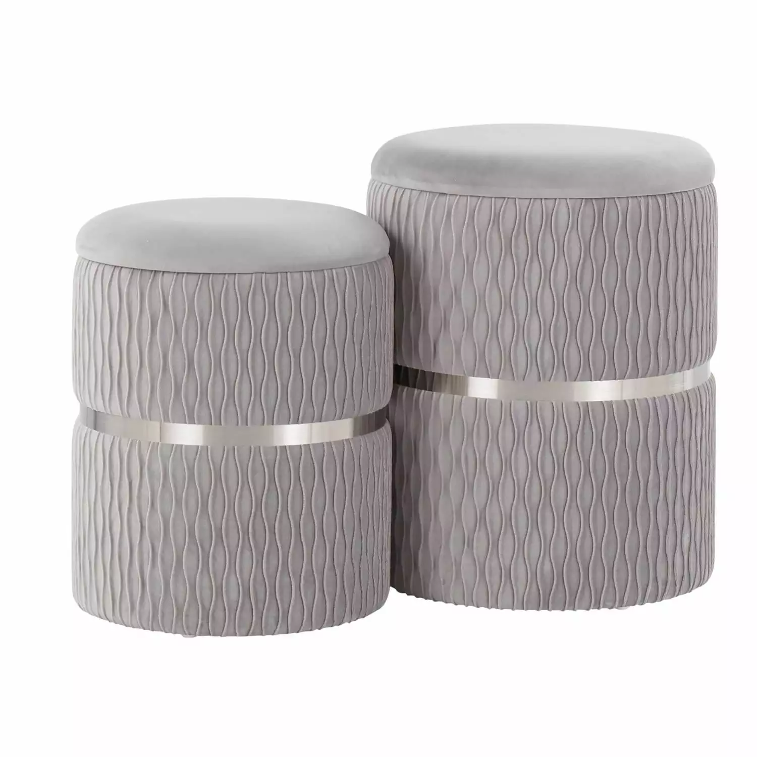 Lumisource Cinch Nesting Ottoman Set Chrome and Silver Velvet - Modern Living Room Furniture Ottomans