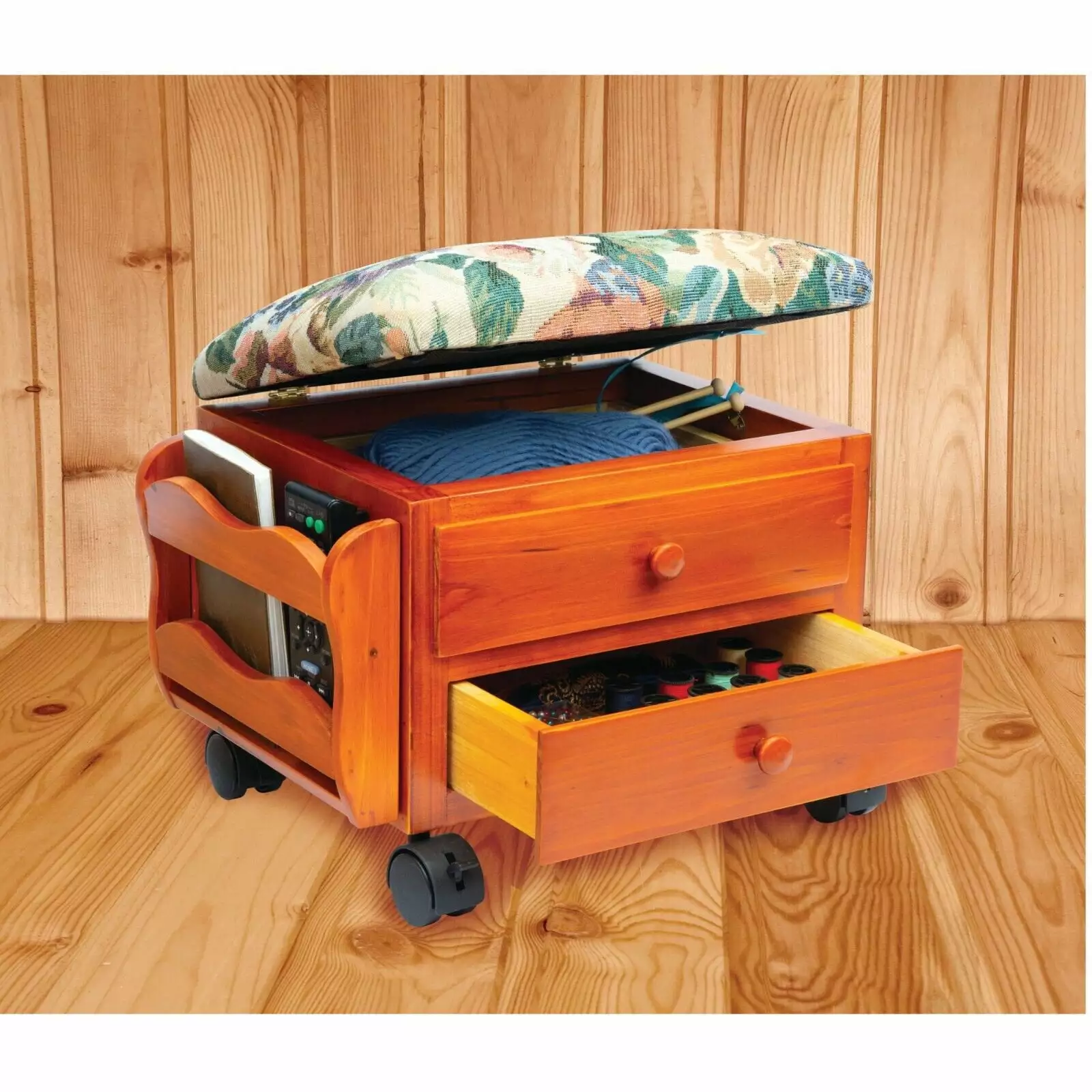 Foot Stool Footrest Small Ottoman Stool Rolling Wheels Wooden Walnut Storage Drawer and Magazine Rack Ottomans TSF INC.