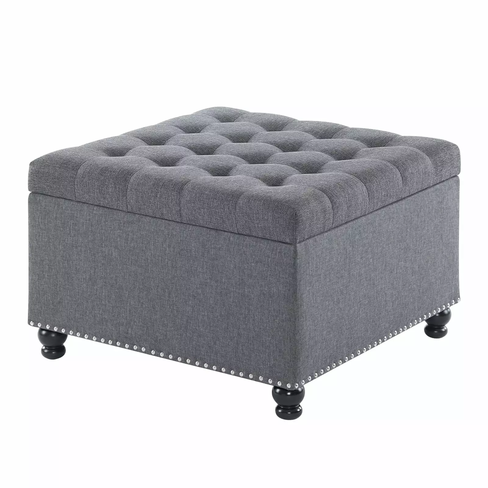 Large Square Storage Footstool Tufted Upholstered Footstool Black Solid Wood Legs Ottomans Unbrand