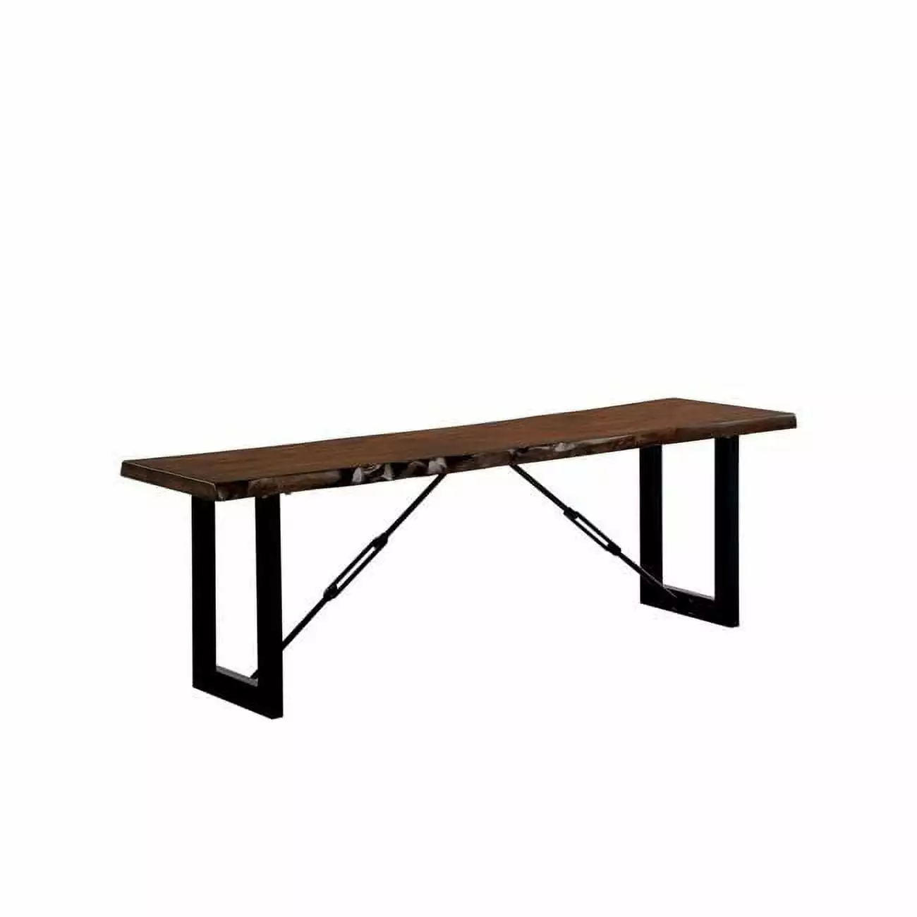 Rectangular Metal Frame Bench Wooden Seat Black and Brown Benches Benzara