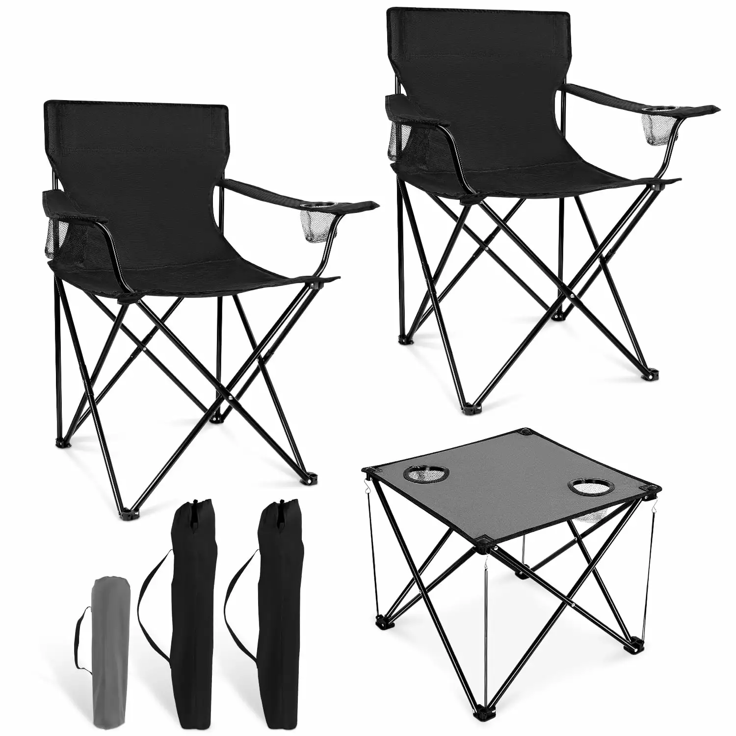 Coliware 3-Piece Outdoor Folding Table and Chairs Set Grey Table 2 Black Foldable Chairs