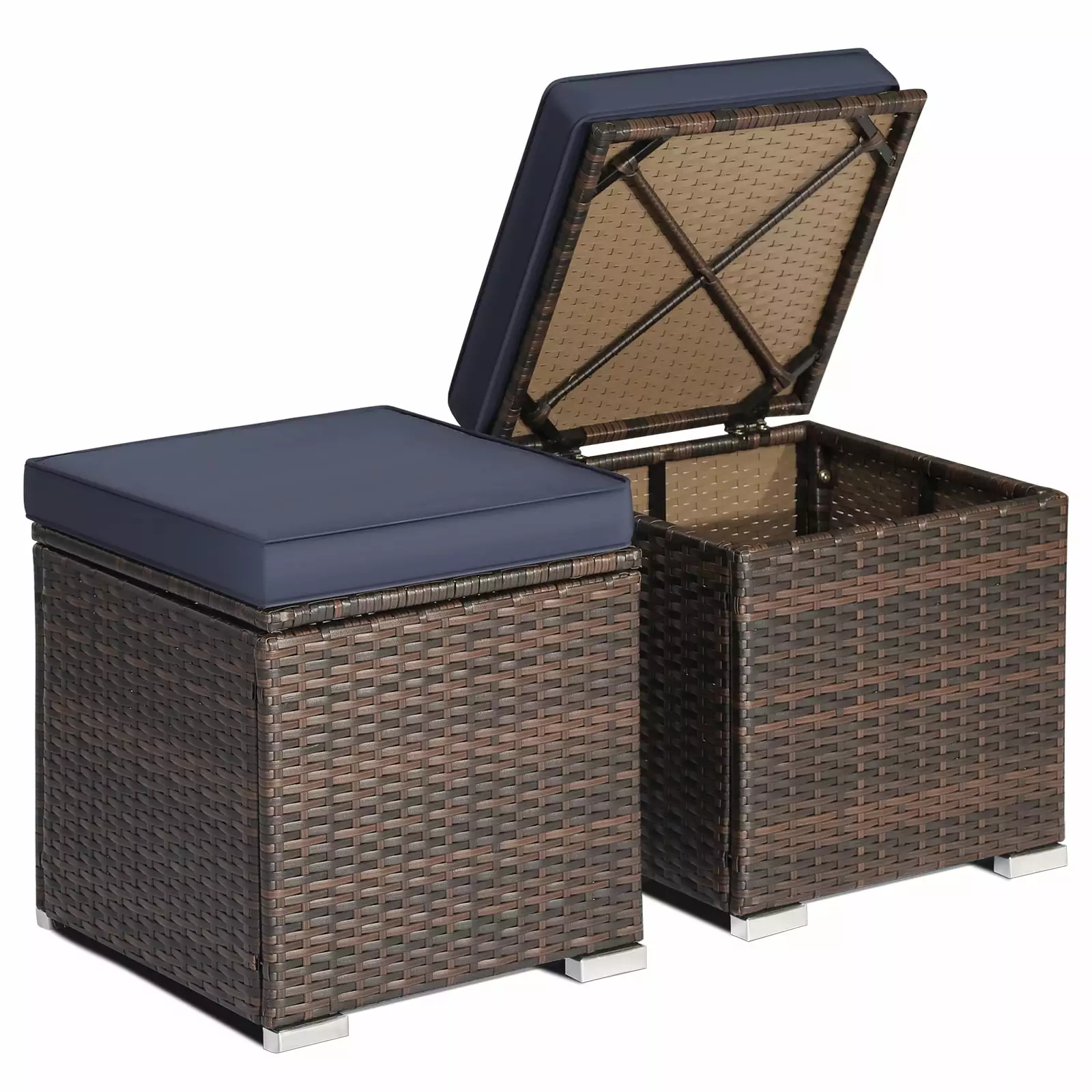 FONIRRA 2 Pieces Patio Ottoman - Outdoor Rattan Wicker Storage Box Cushions - Navy Footrest Ottomans
