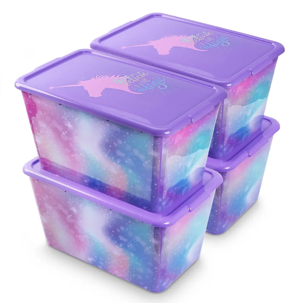 4 Packs 58 QT Plastic Storage Bins Rainbow Unicorn Print Lids, Stackable Storage Container, Oversized Storage Box Organizi...