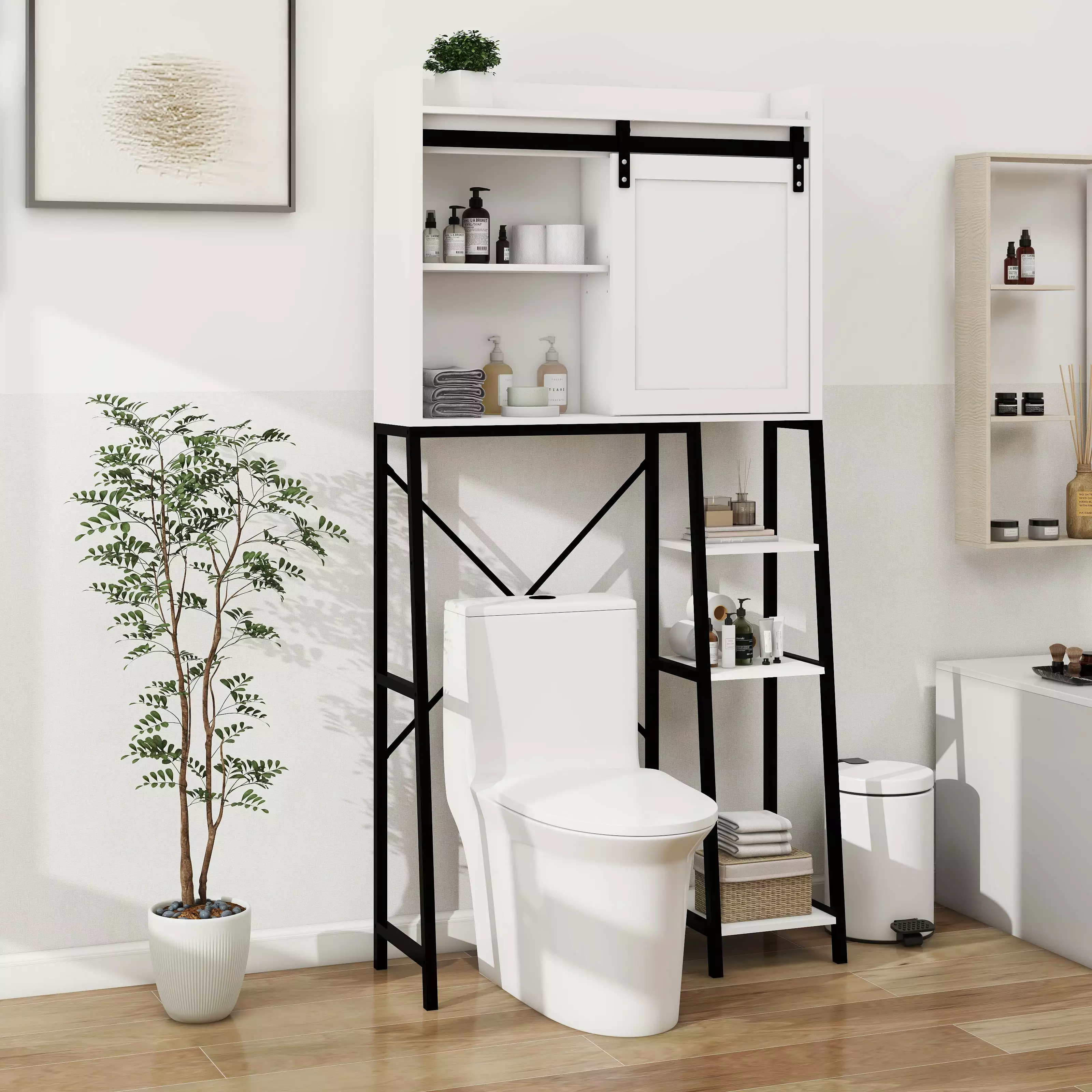 Over Toilet Storage Cabinet Sliding Barn Door Adjustable Shelves and Side Rack White Bathroom Shelves SMHZ