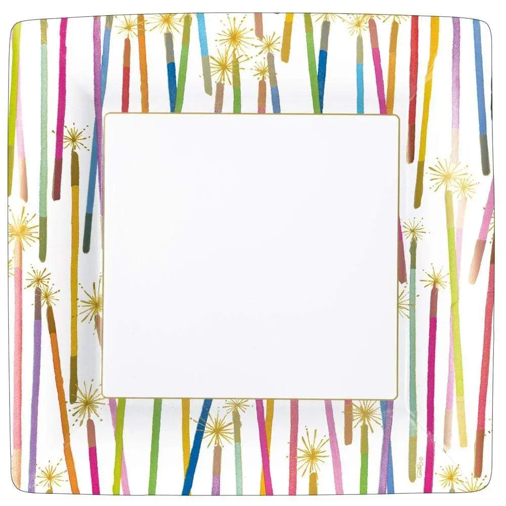 Premium Personalized Party Candles Square Paper Dinner Plates - 8 Per Package