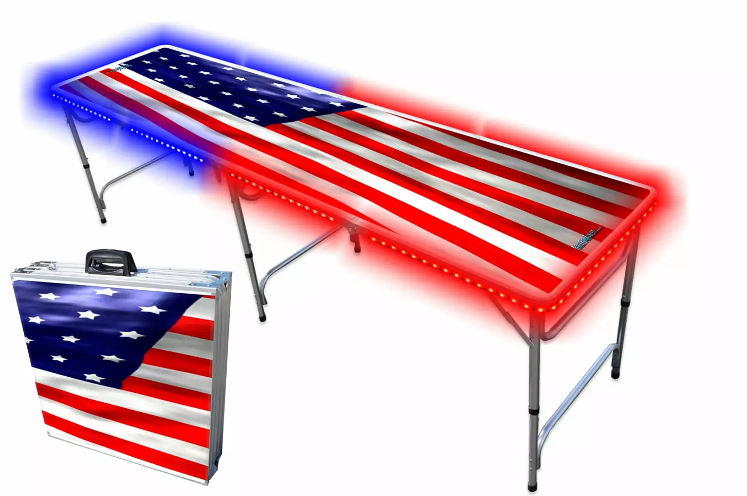Portable Folding Table USA Flag Graphic and LED Lights Adjustable 8ft or 4ft Party Table