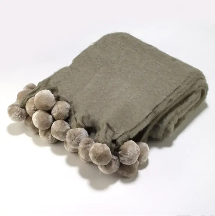 Bella Pom Pom Mohair Throw, Taupe Remote Control