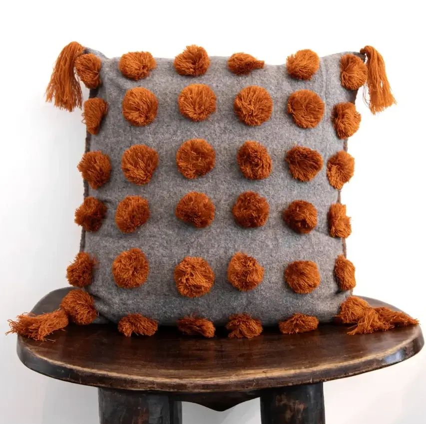 Foil Fringe Ula Pom Pom Pillow - Terracotta/Grey