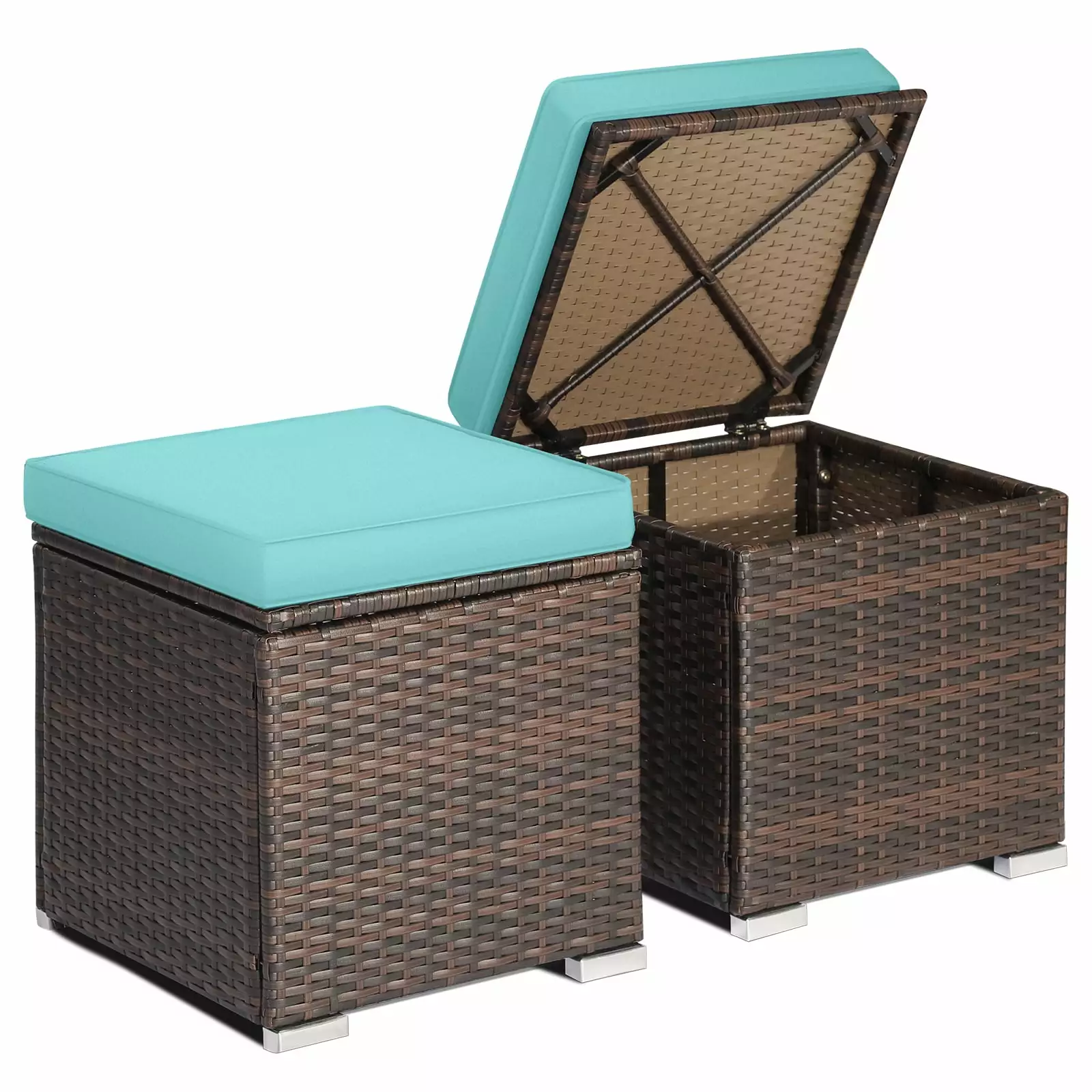 FONIRRA 2 Pieces Patio Ottoman Storage Box Outdoor Rattan Wicker Ottoman Seat Cushions Turquoise Ottomans