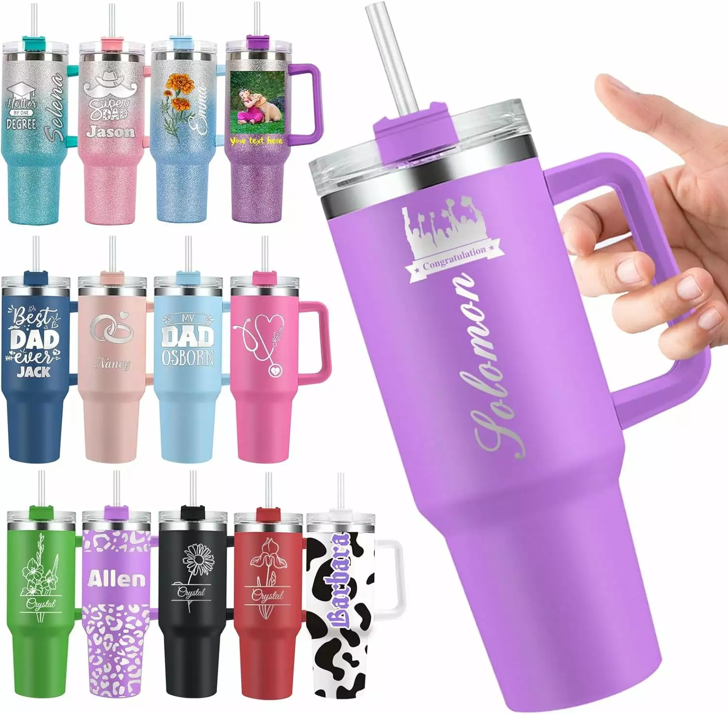 Personalized 40 Oz Tumbler Handle and Straw - Custom Engraved Stainless Steel Insulated Cup Men Women Graduation Gifts - P...