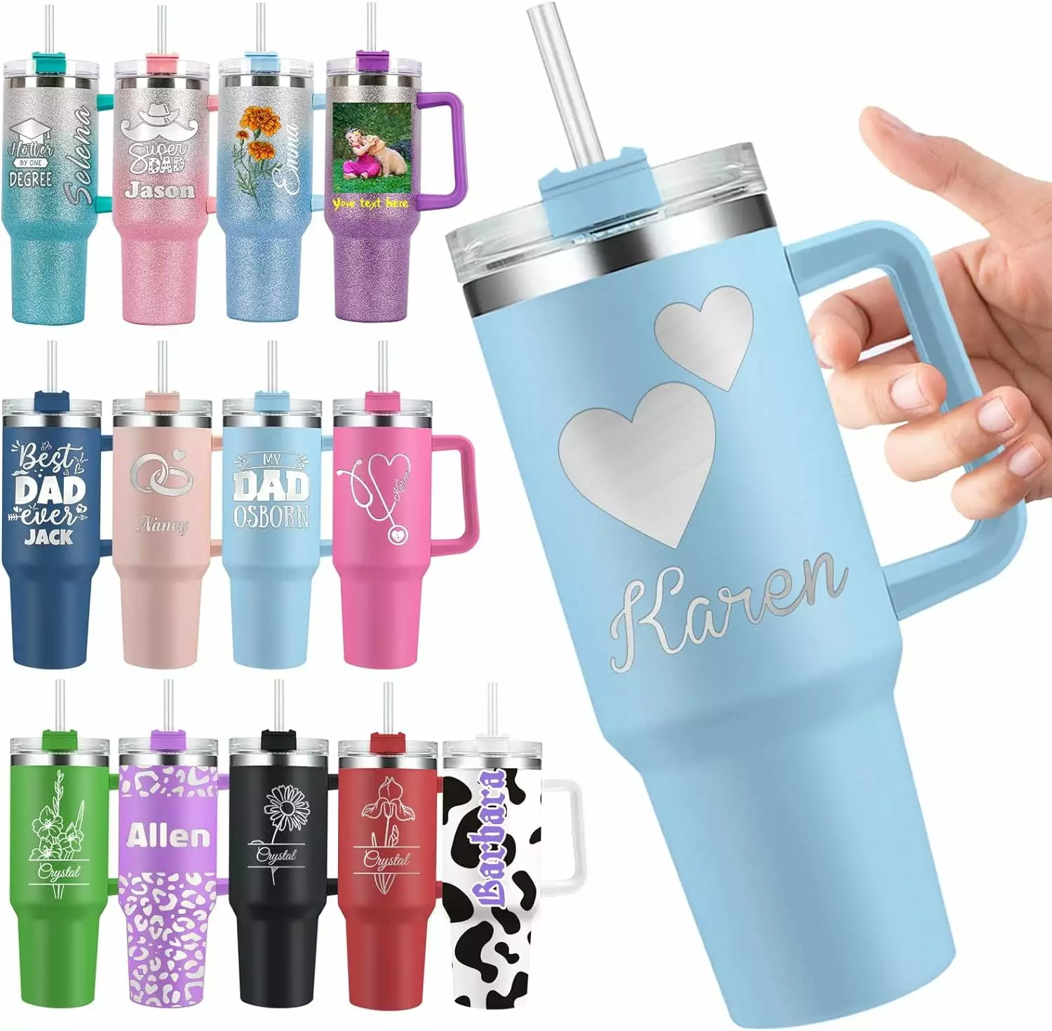 Personalized 40 Oz Tumbler Handle and Straw - Custom Engraved Stainless Steel Insulated Cup Men Women Gifts - Blue