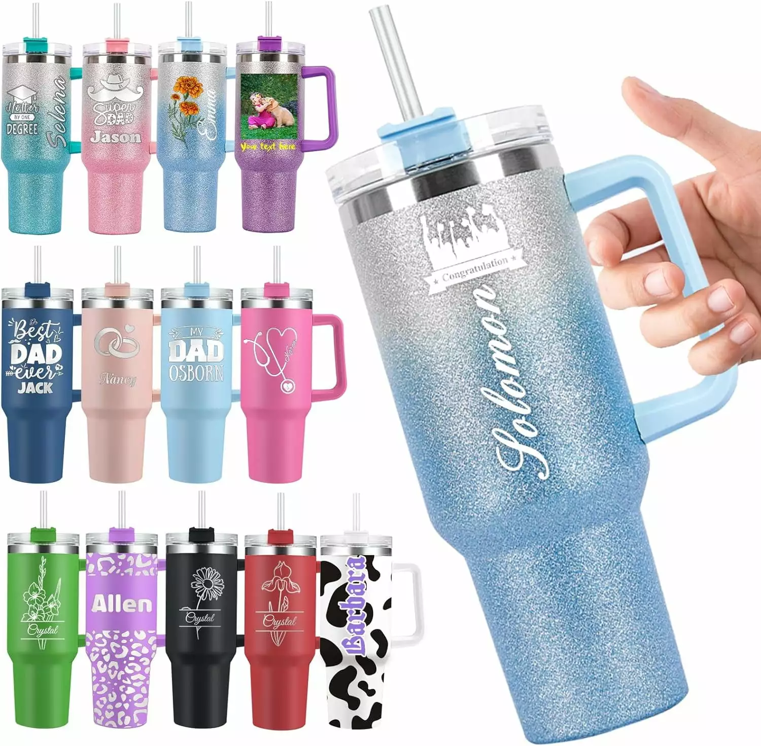 Personalized 40 Oz Tumbler Handle and Straw - Custom Engraved Stainless Steel Insulated Cup Men Women Graduation Gifts - G...