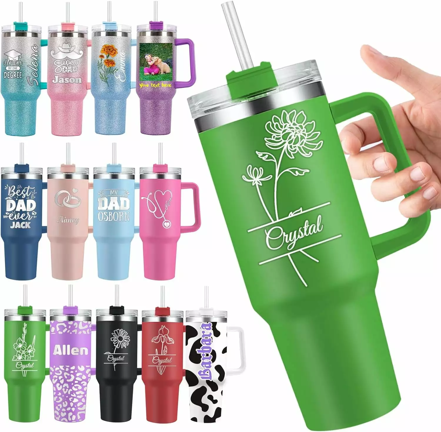 Personalized 40 Oz Tumbler Handle and Straw - Custom Engraved Stainless Steel Insulated Cup Birth Flower Men Women Gifts -...