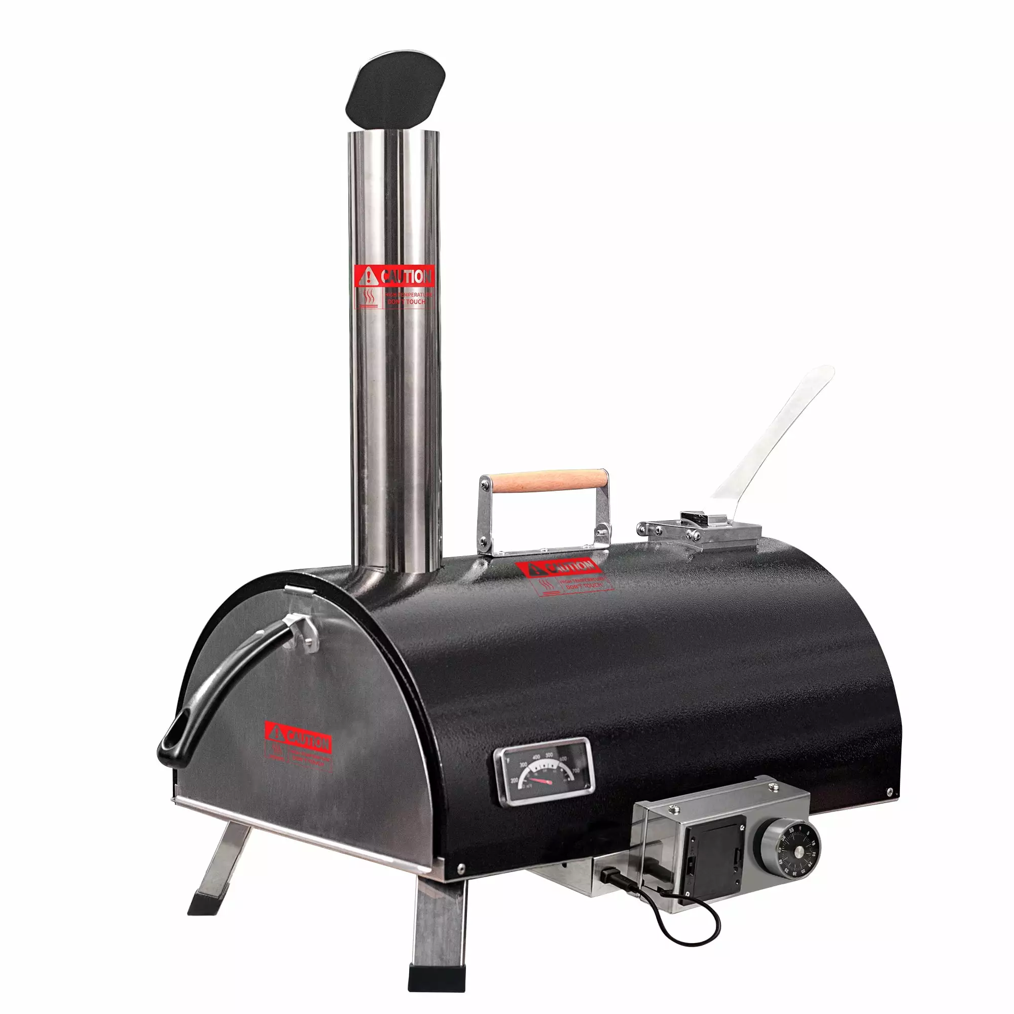 Travel-friendly Black Outdoor Pizza Oven Automatic Rotatable Stainless Steel Wood Fired Pizza Maker Thermometer and Carry Bag